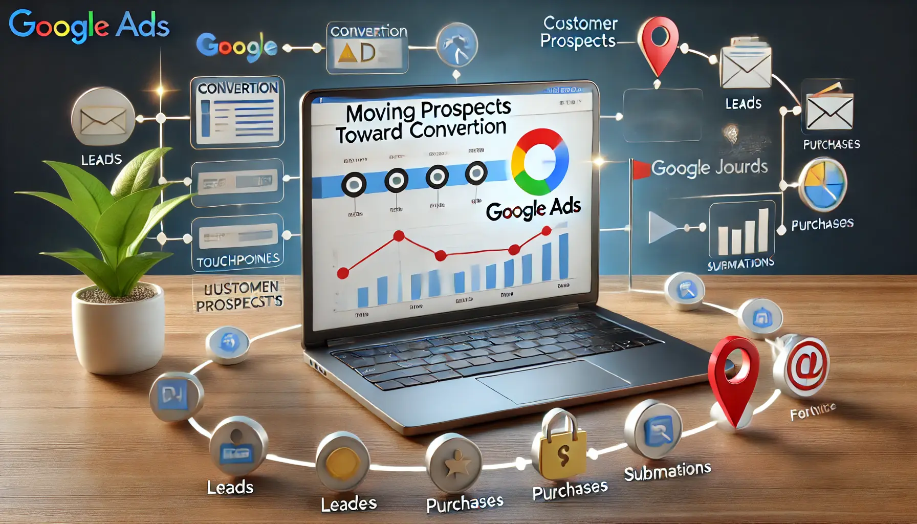 Digital marketing scene with a laptop displaying a Google Ads interface with conversion tracking metrics like leads, purchases, and form submissions, surrounded by visuals of the customer journey.