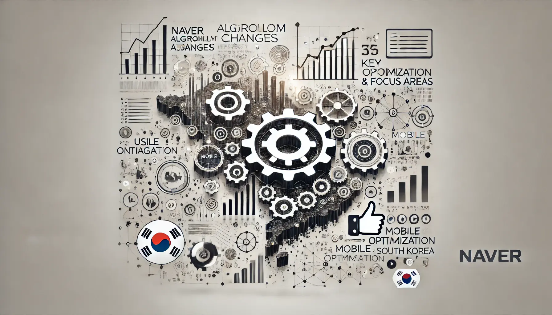 An abstract visual representing Naver algorithm changes and focus areas, featuring gears, mobile devices, and user interaction symbols with a subtle map of South Korea.