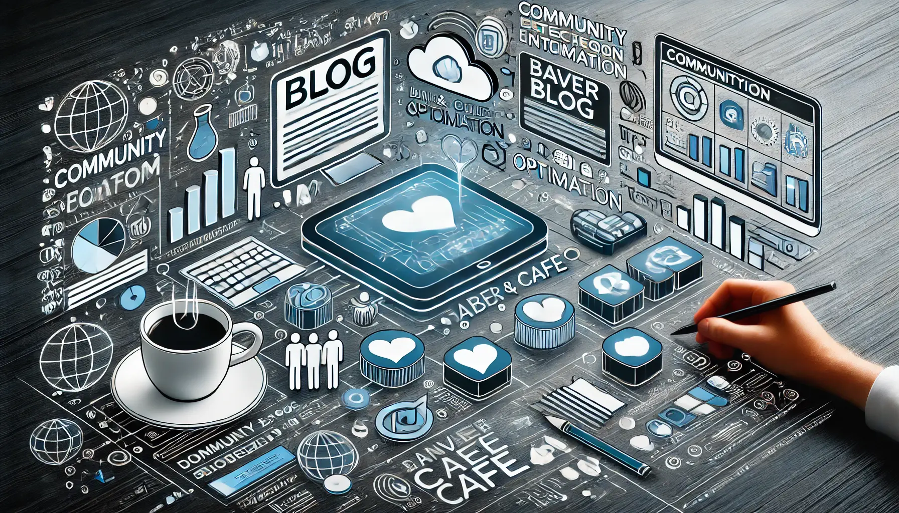 A visual representation of Naver Blog and Cafe optimization, highlighting community interaction, blogging, and digital engagement with abstract symbols of forums and user-generated content.