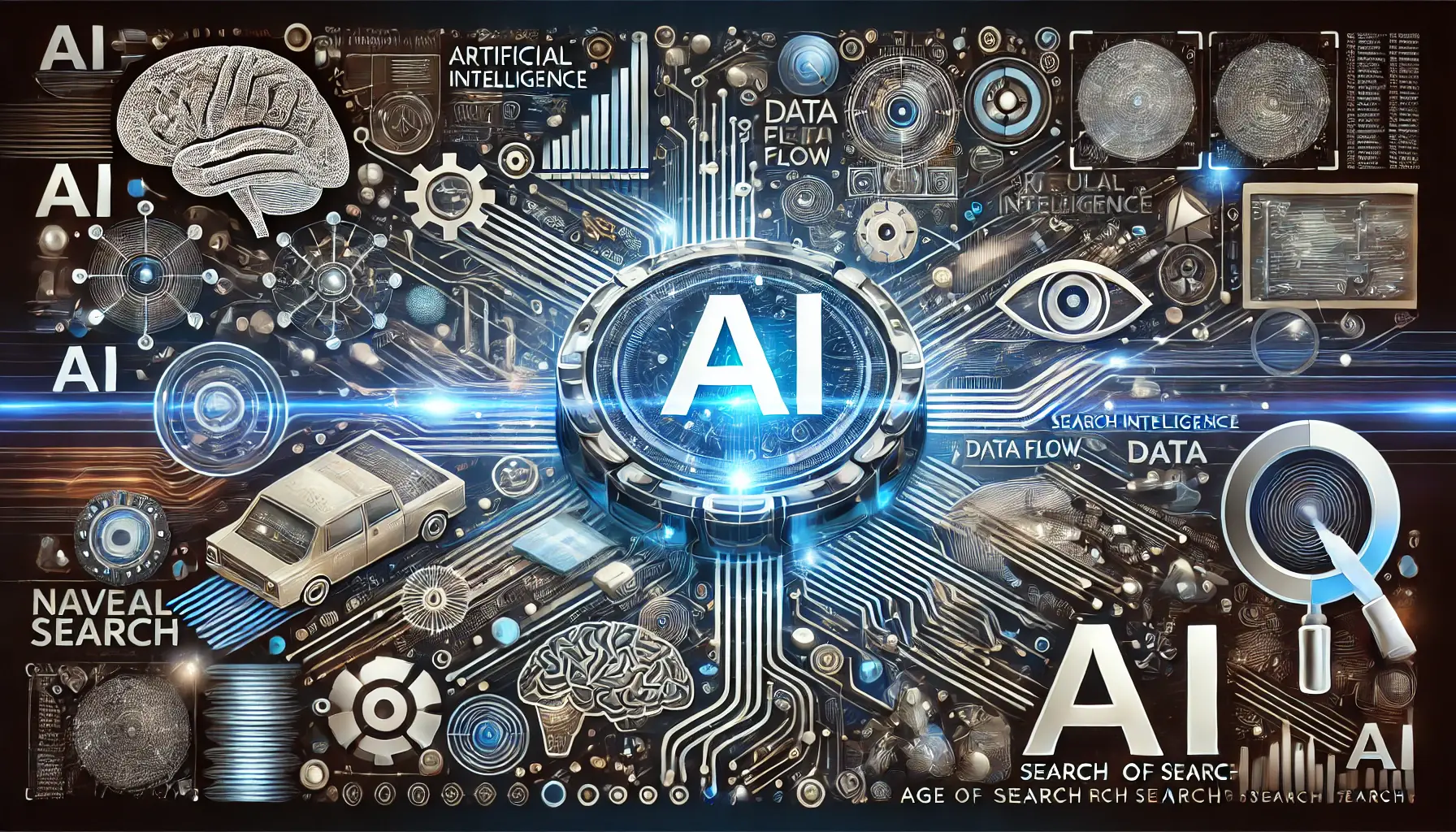 An abstract representation of Naver Search in the Age of AI, featuring elements like artificial intelligence, data flow, and digital interfaces.