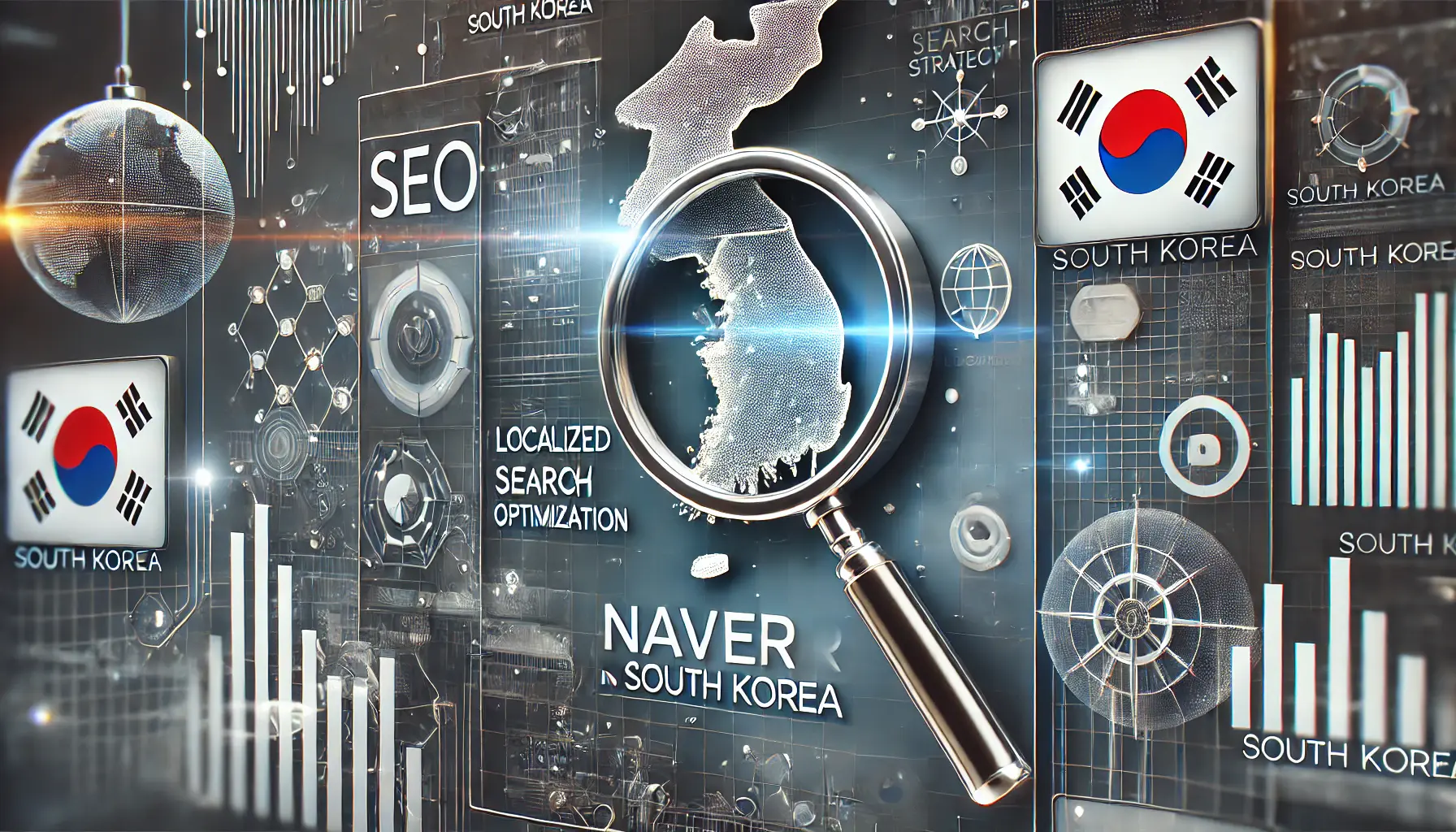 A sleek visual representation of Naver SEO in South Korea, highlighting digital strategy and localization with tech-themed elements.