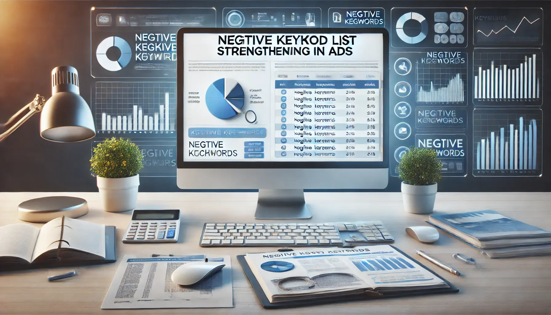 Digital workspace showing online ad management tools for optimizing keyword lists and ad performance analysis.