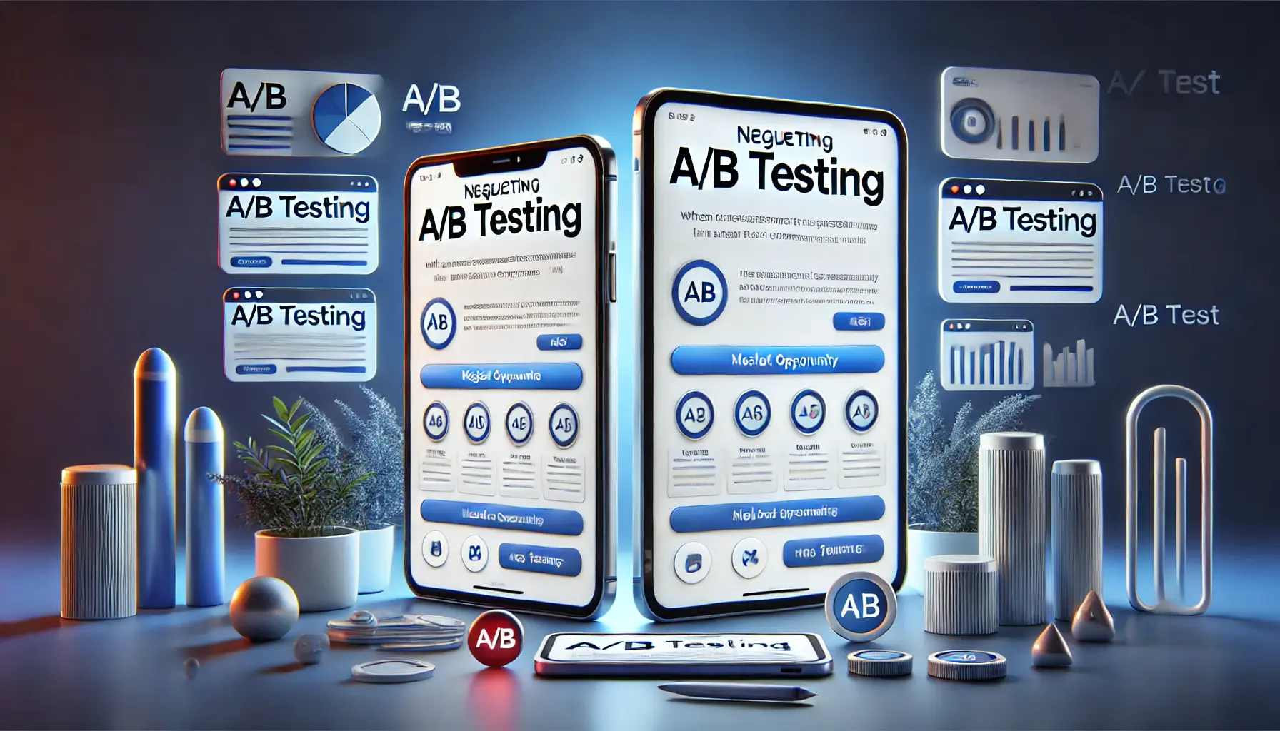 Digital marketing scene showing two versions of a landing page side by side, representing A/B testing for optimization