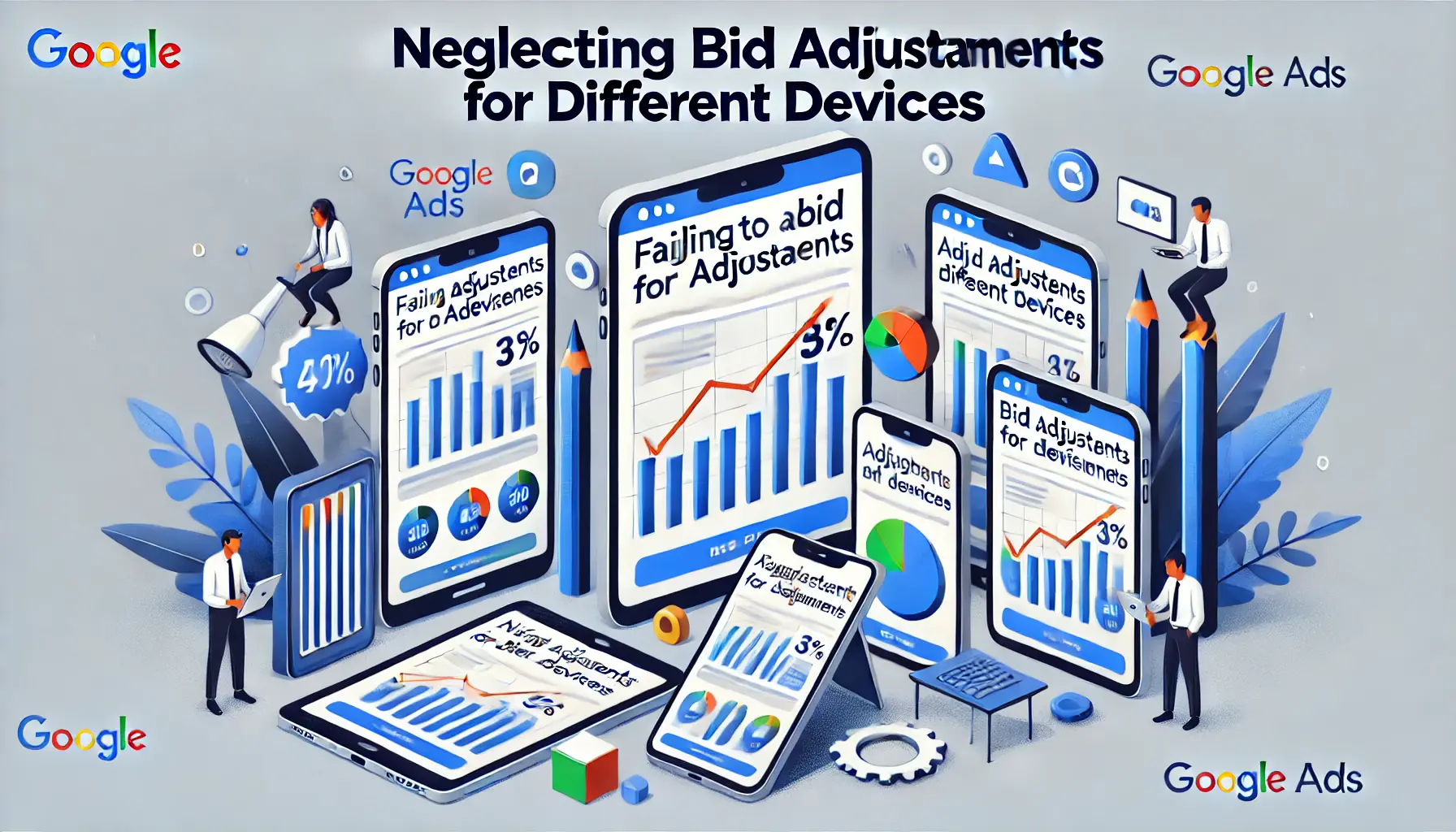 Visual representation of neglecting bid adjustments for different devices, featuring mobile phones, tablets, and desktop computers with performance graphs showing missed opportunities.