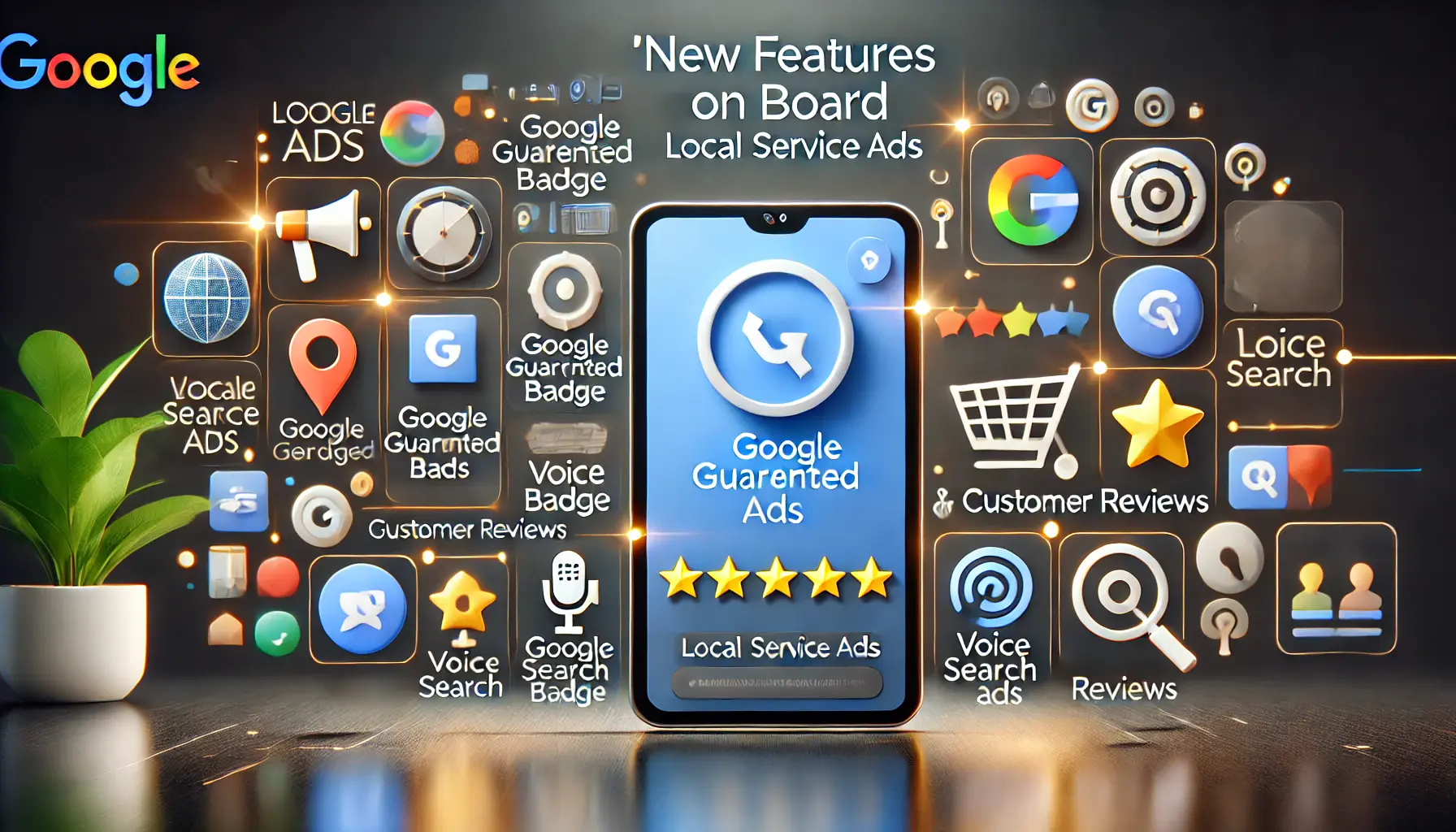 A sleek digital interface showing new features like the Google Guaranteed badge, voice search integration, and customer reviews, highlighting the innovations in Google Ads' Local Service Ads.