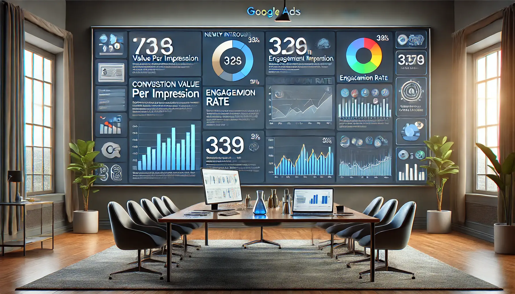 A detailed Google Ads reporting dashboard displaying new metrics such as Conversion Value per Impression, Engagement Rate, and Customer Acquisition Cost with vibrant charts and graphs.