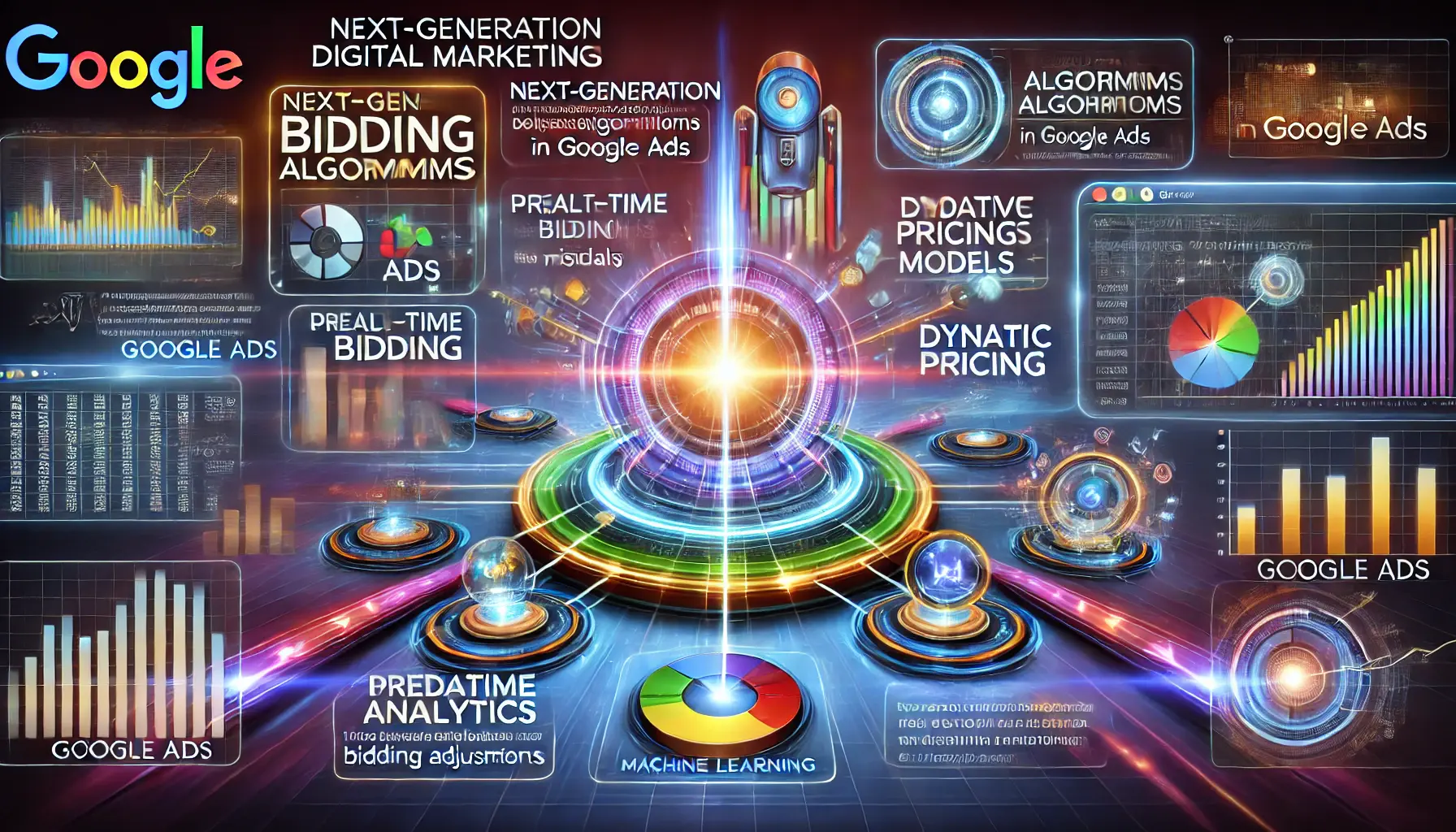 A futuristic digital marketing illustration depicting next-generation predictions for bidding algorithms, featuring advanced algorithm models and data analytics.