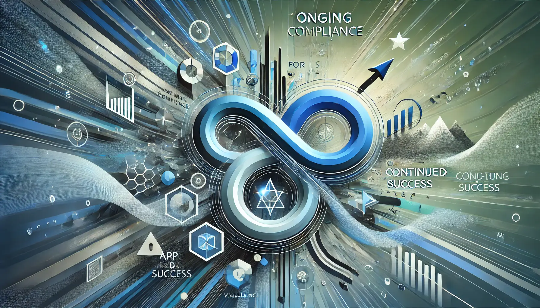 Abstract representation of ongoing compliance for continued success, featuring symbols of continuous adherence, growth, and long-term vigilance.