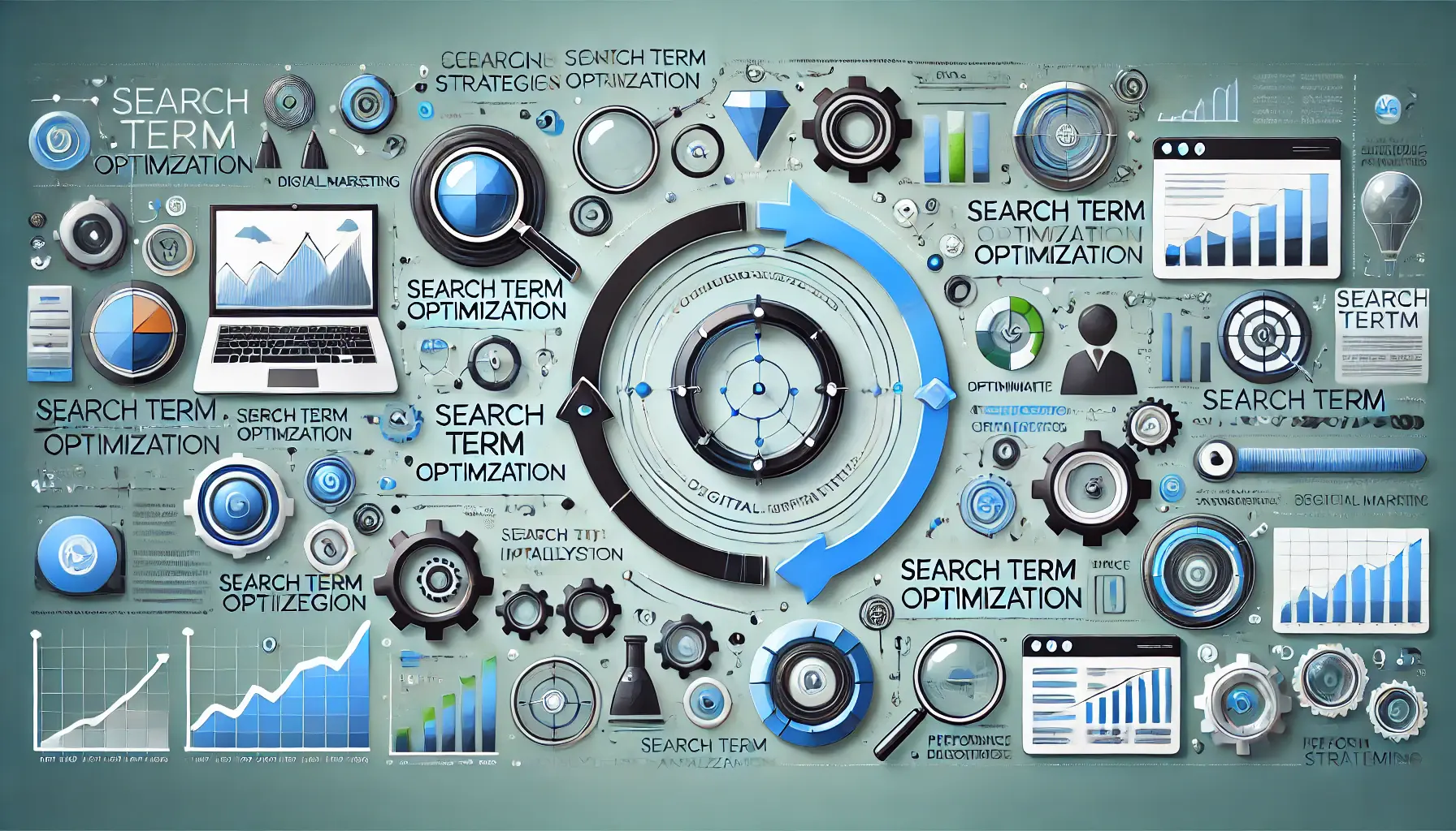 Visual representation of ongoing strategies for search term optimization featuring process diagrams, tools, and charts