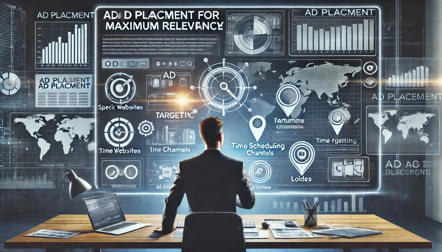 Marketer analyzing ad placement options on a digital dashboard with targeting for websites, channels, and times