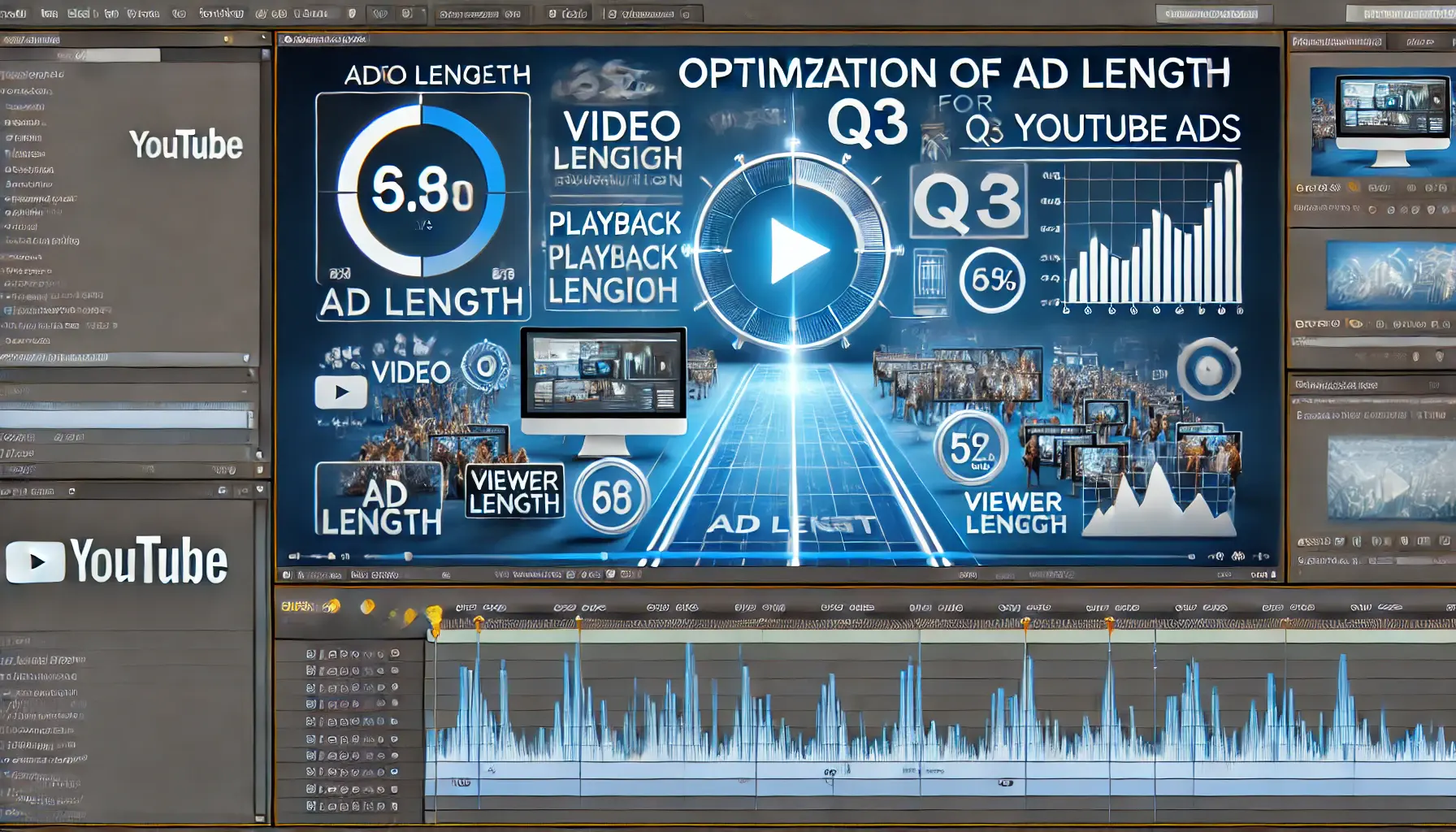 Image showing a digital editing interface with video duration indicators and viewer retention analytics for optimizing YouTube ad length.