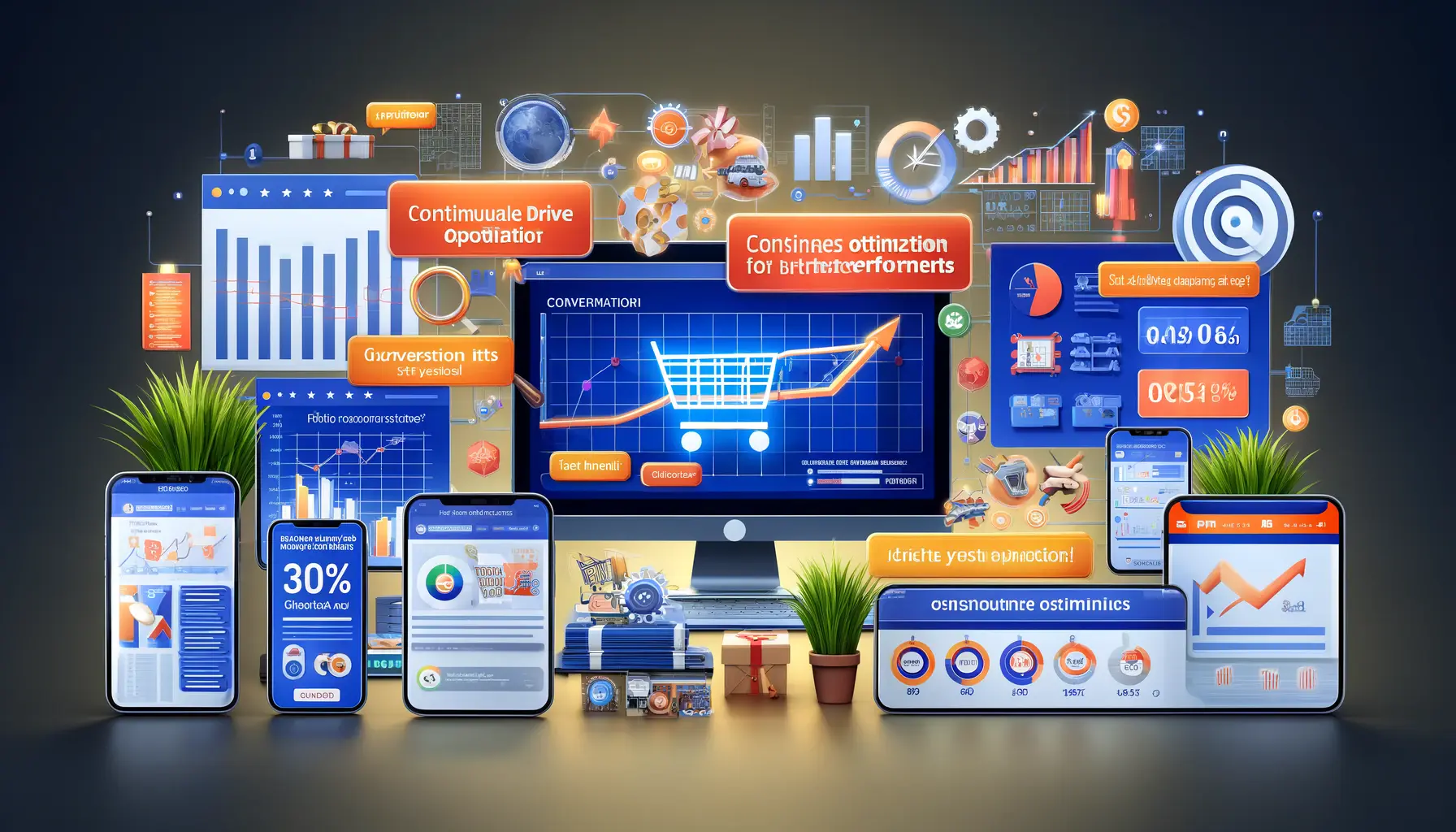 An image showing a digital dashboard with charts tracking key metrics like click-through rates and conversion rates, symbolizing optimization strategies for successful Shopping Ads campaigns.