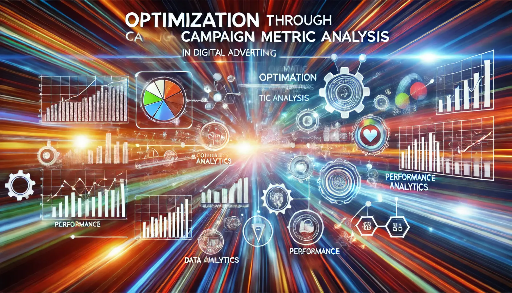 A dynamic image representing optimization through campaign metric analysis in digital advertising, featuring a flowchart and modern marketing elements.