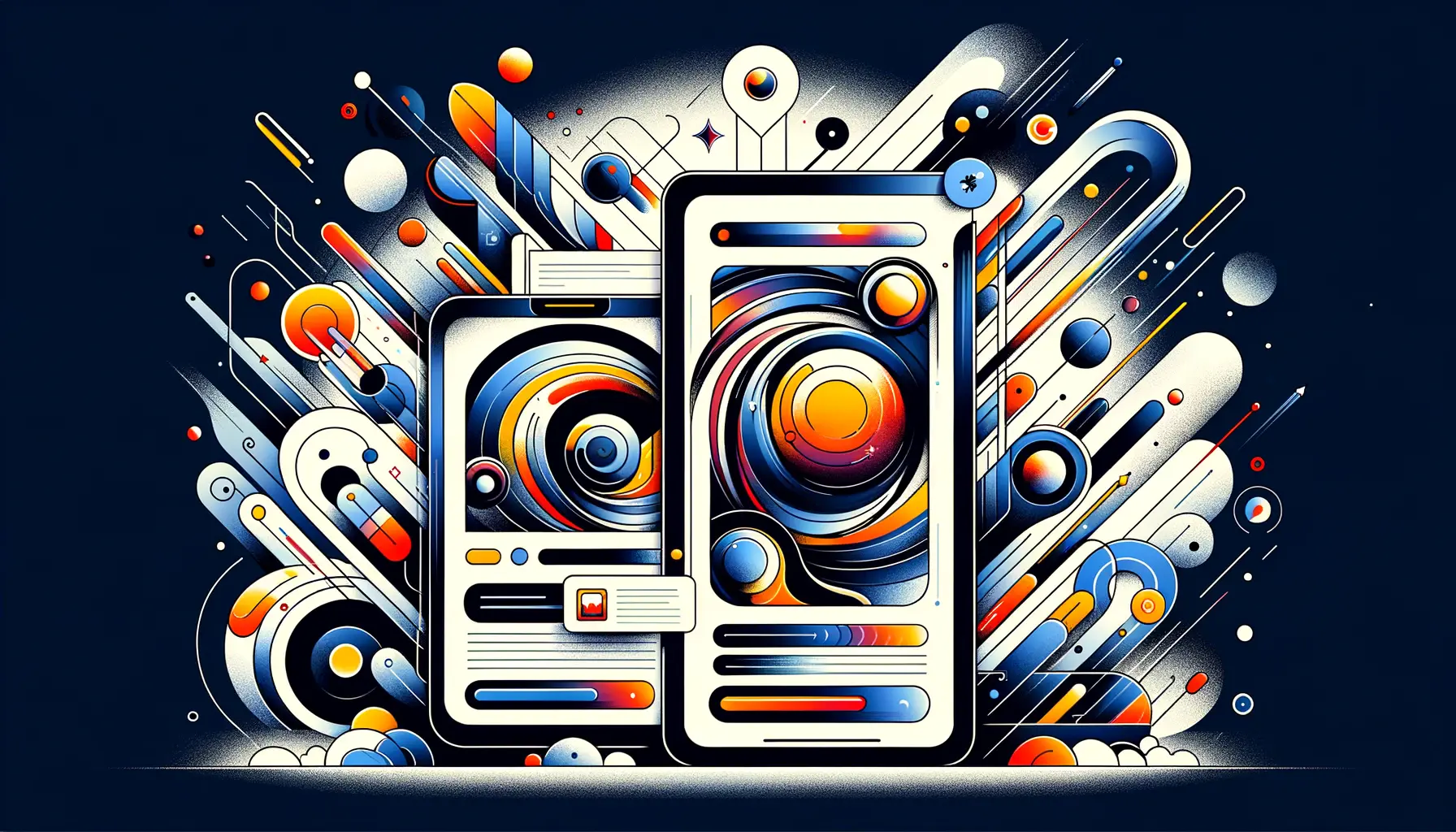 An image representing the optimization of ad designs for both mobile and desktop platforms, featuring abstract visuals of mobile and desktop screens.