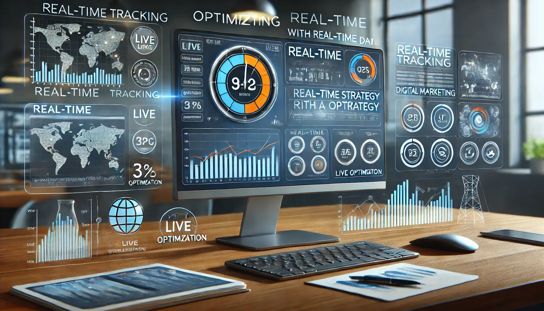 Workspace with a computer displaying a real-time analytics dashboard with live metrics and performance indicators, surrounded by icons for tracking and optimization.