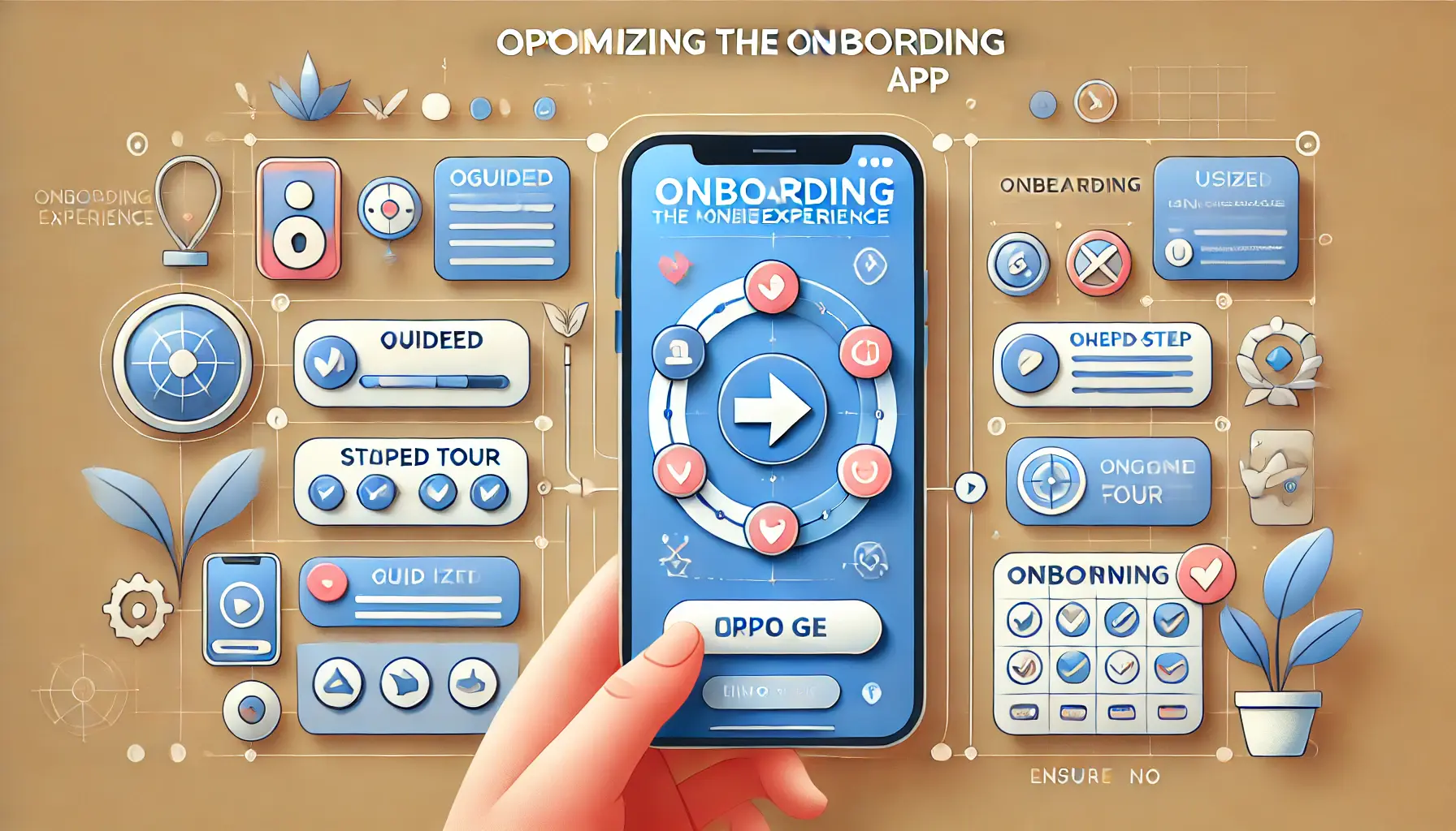 Digital illustration of a mobile interface showing a guided onboarding process with interactive elements like arrows and checkmarks.