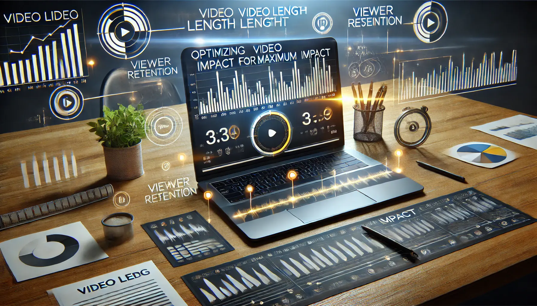 Workspace with a laptop displaying a video timeline with segments of varying lengths, surrounded by icons representing impact metrics, symbolizing video length optimization.