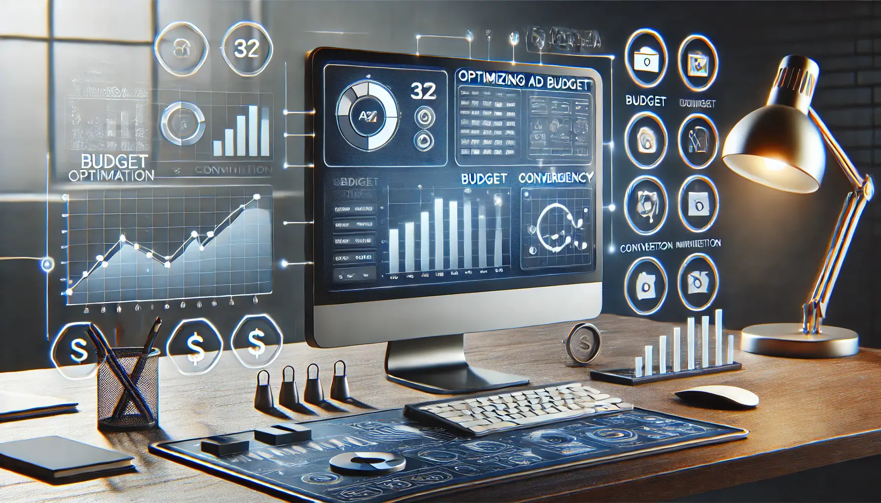 Workspace with a computer displaying budget analytics and conversion metrics on a digital ad platform, surrounded by icons for budget optimization and conversion improvement.