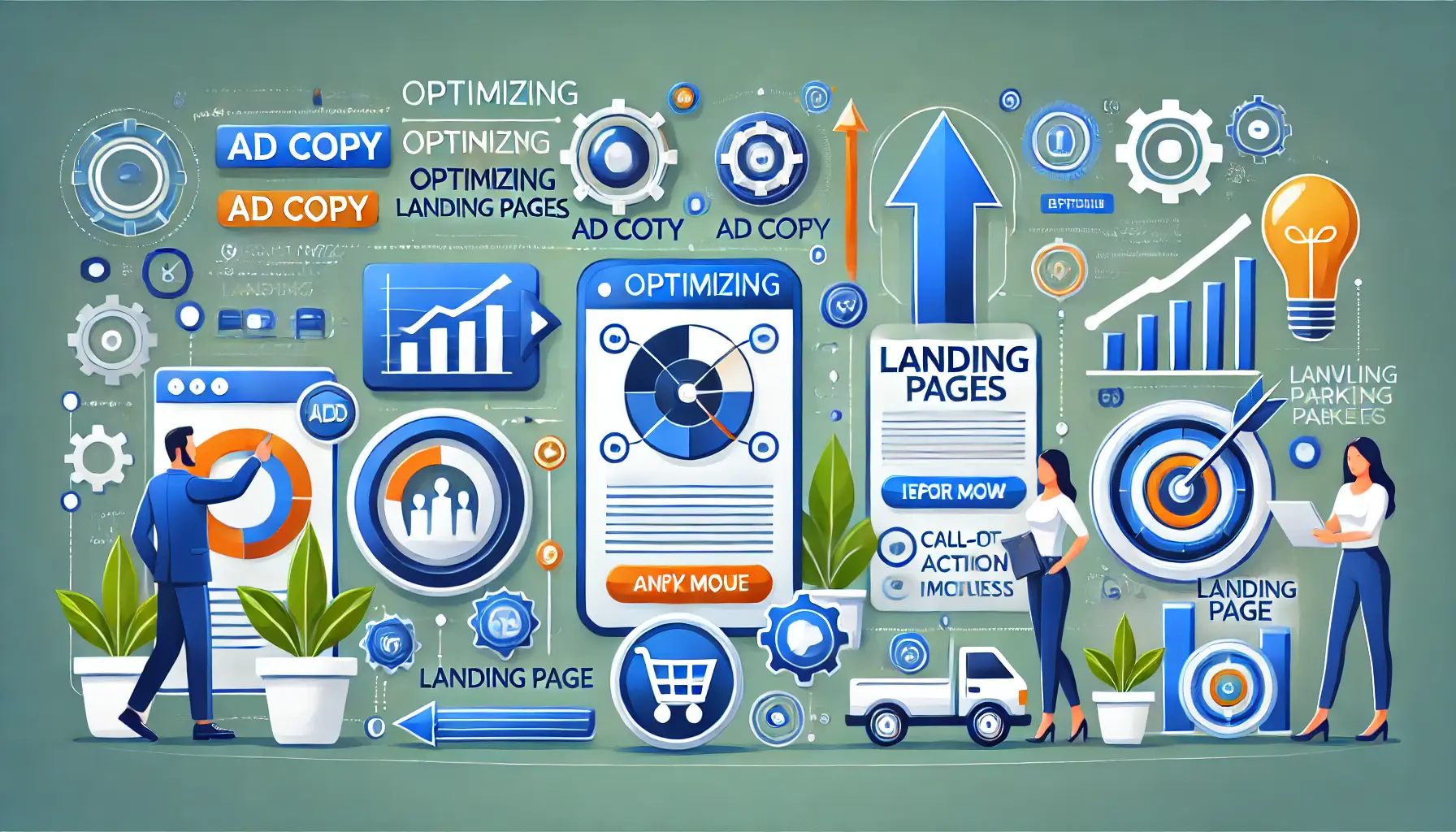 Illustration of optimizing ad copy and landing pages in digital marketing.