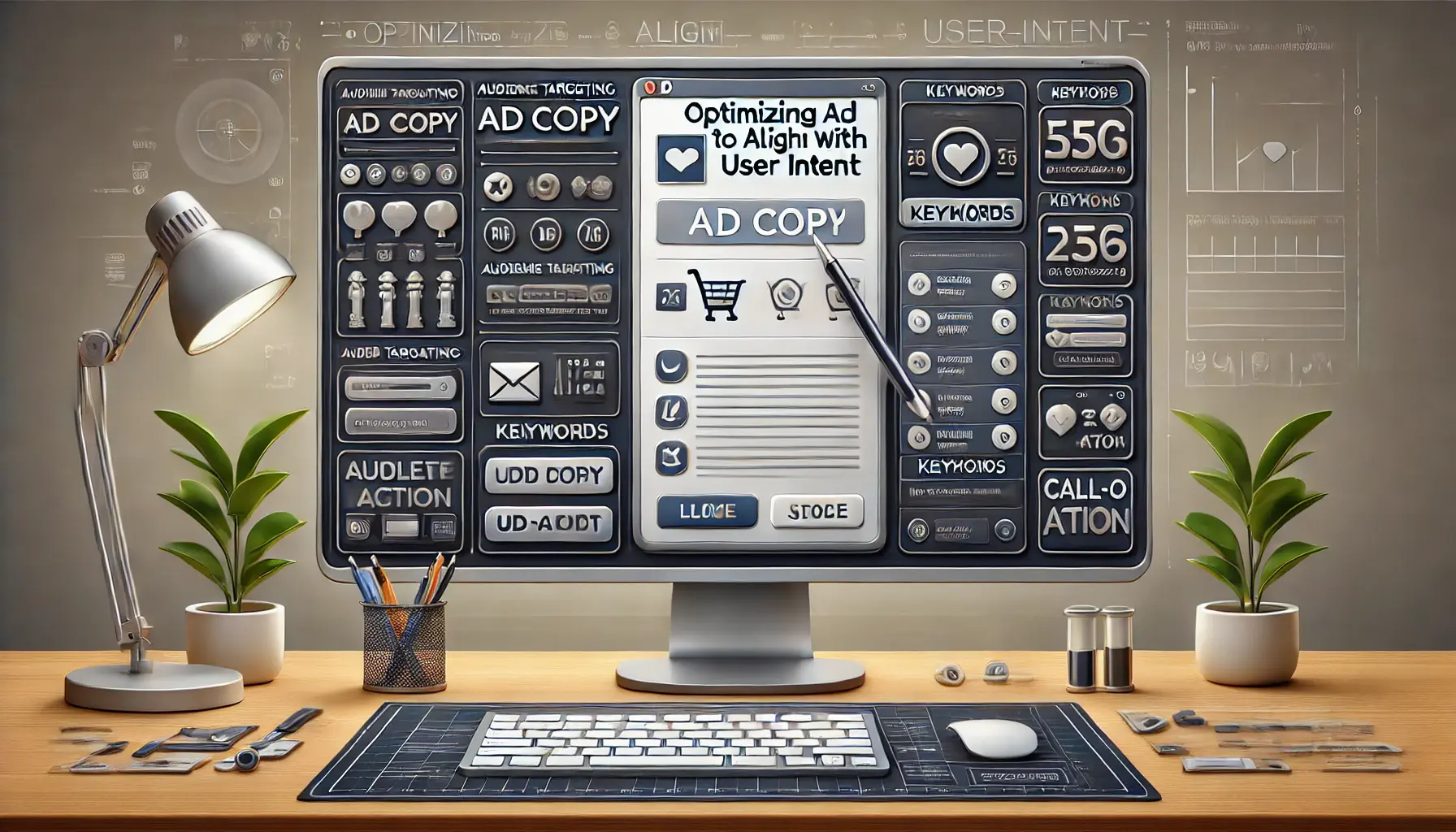 Workspace with computer displaying ad creation tools, focusing on customization options for aligning ad copy with user intent.