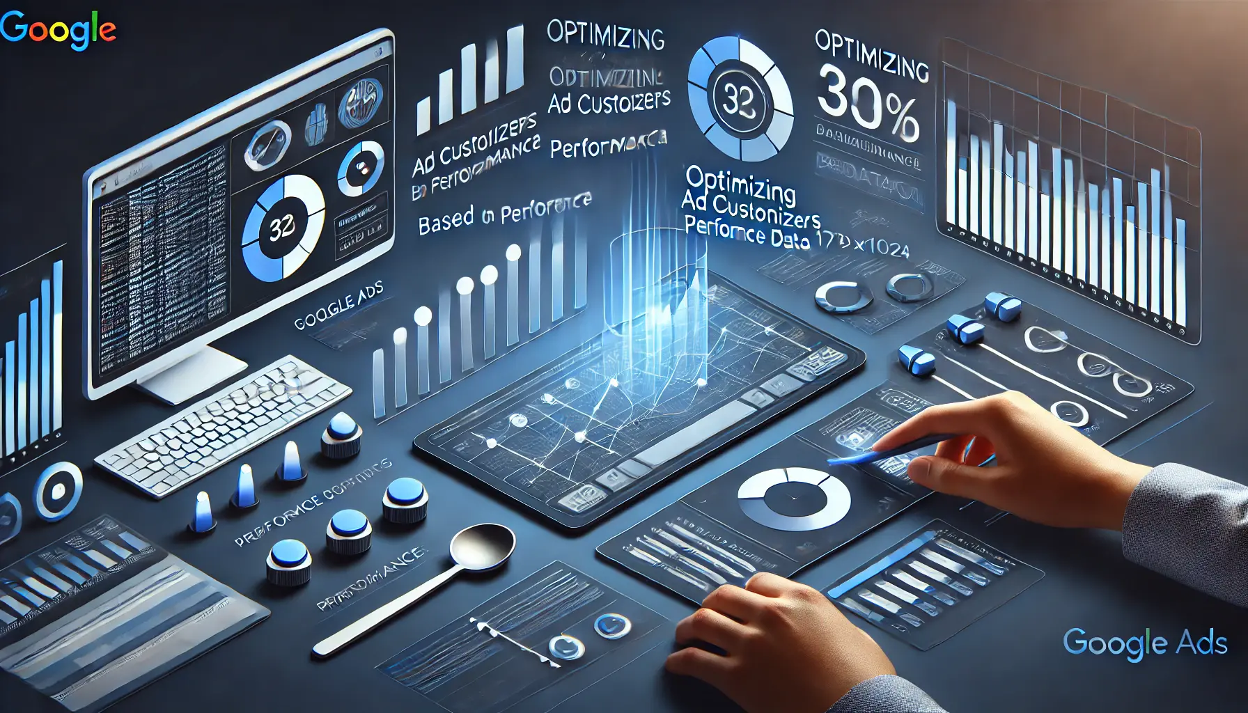 A digital workspace with analytics graphs, sliders for adjustments, and key performance metrics, symbolizing the optimization of ad customizers using performance data.