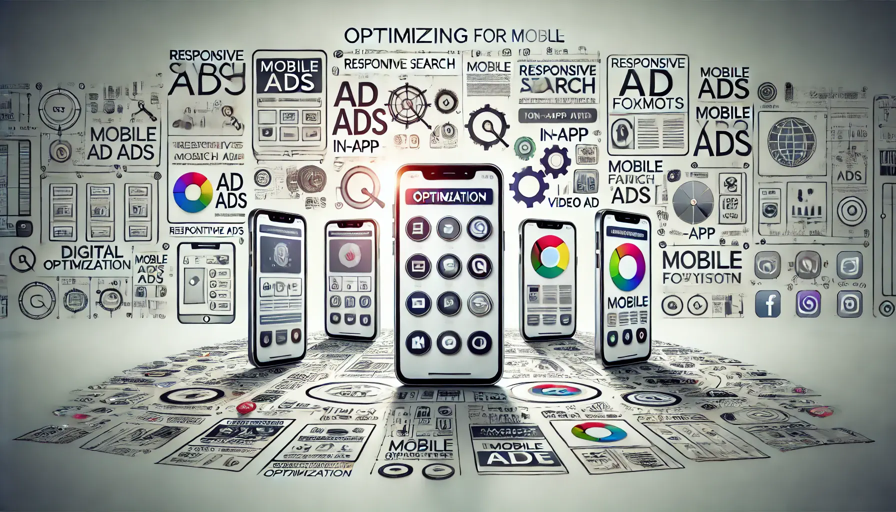 Smartphones displaying various optimized mobile ad formats, including responsive search ads, in-app ads, and mobile video ads