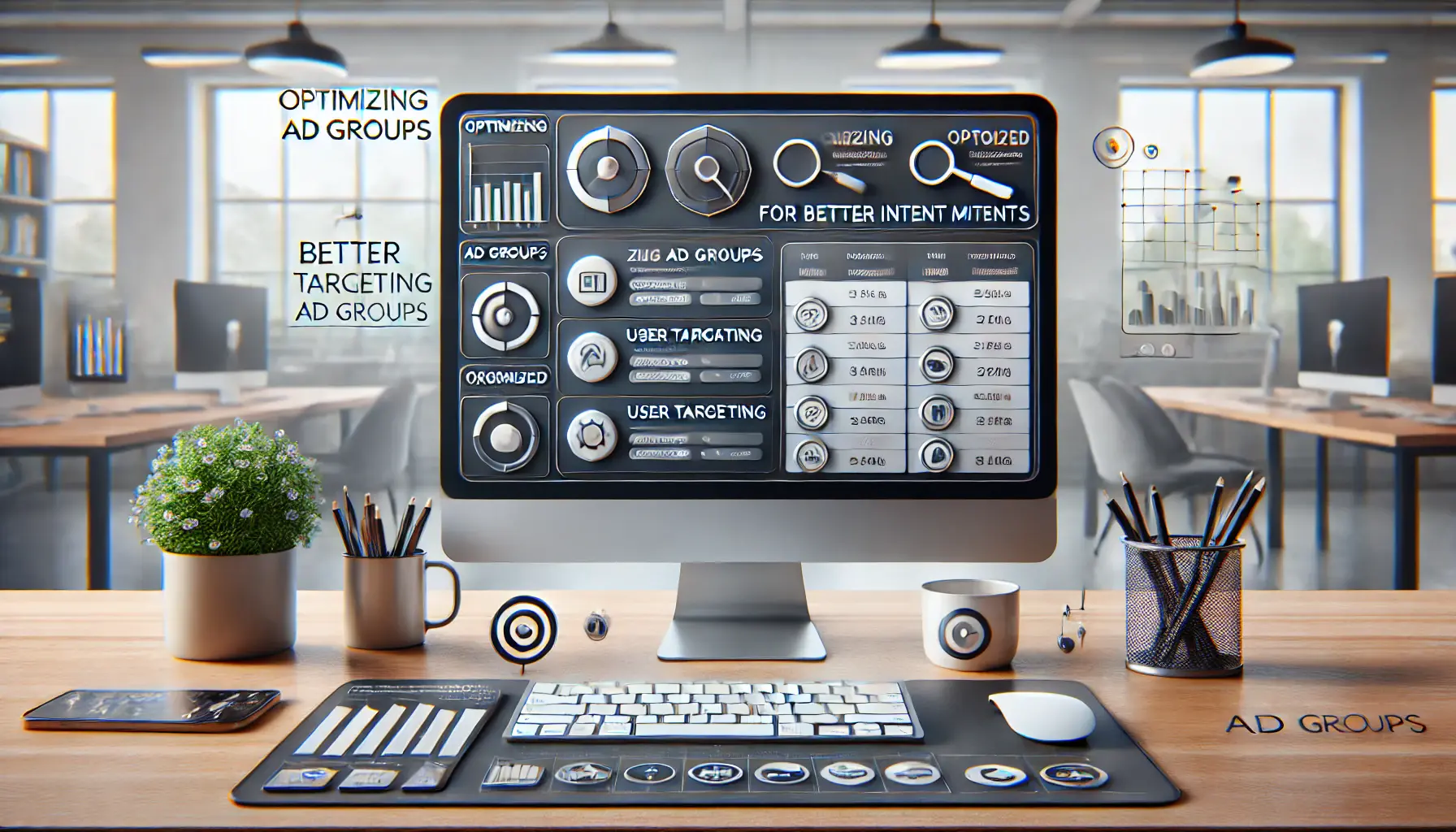 Workspace with computer displaying ad management dashboard with segmented ad groups and targeting options.