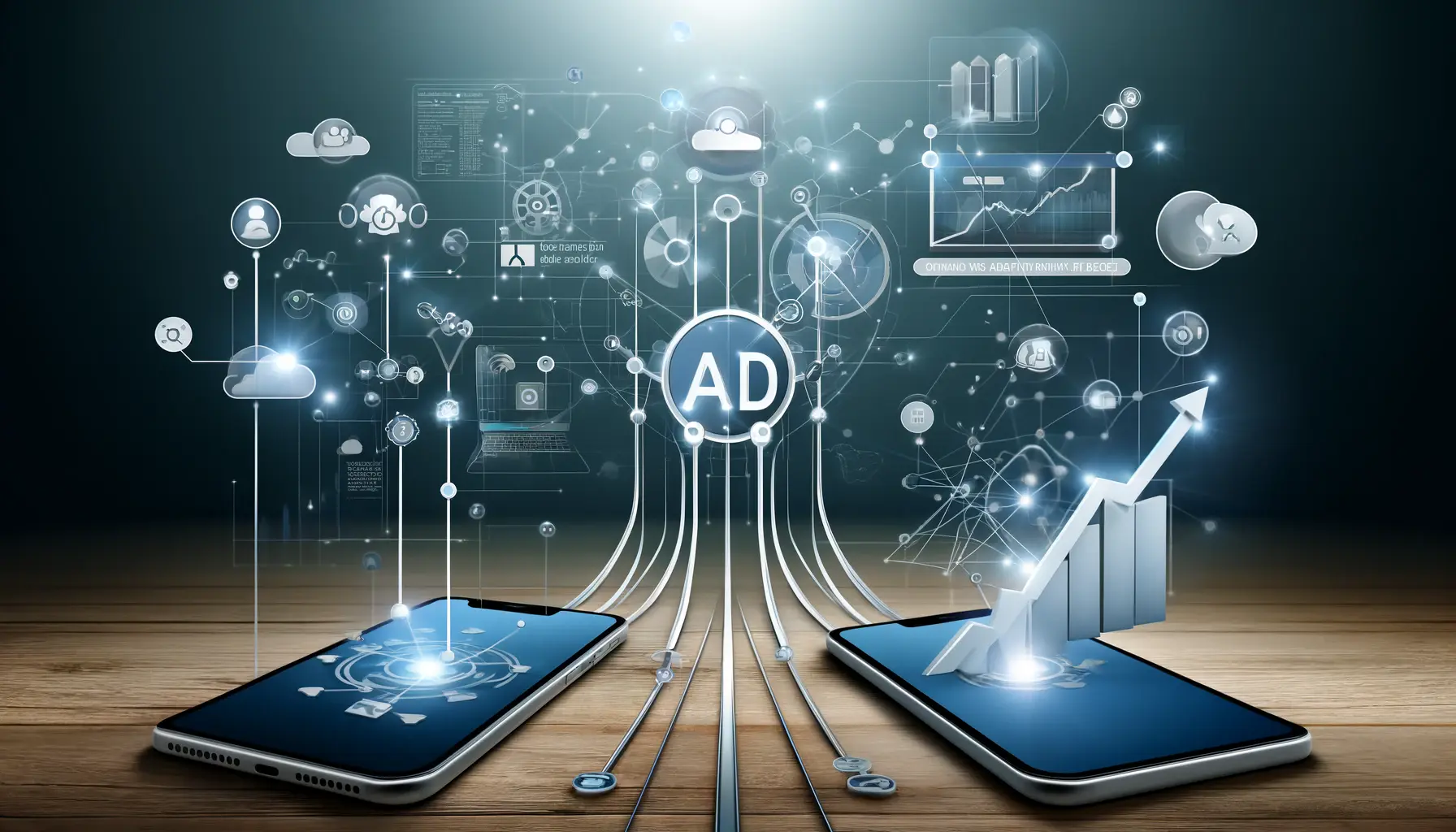 Visualization of optimizing ad impressions for maximum reach with ads displayed on multiple devices and targeting icons like demographics and location.