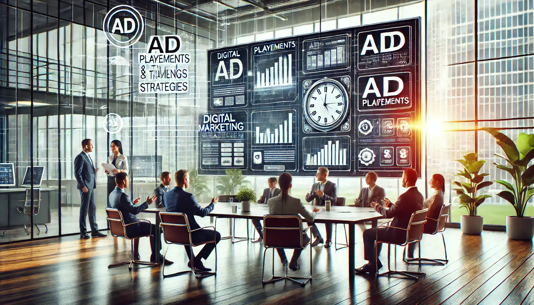 Digital marketing team discussing ad placements and timing strategies in a conference room with a screen showing ad formats.