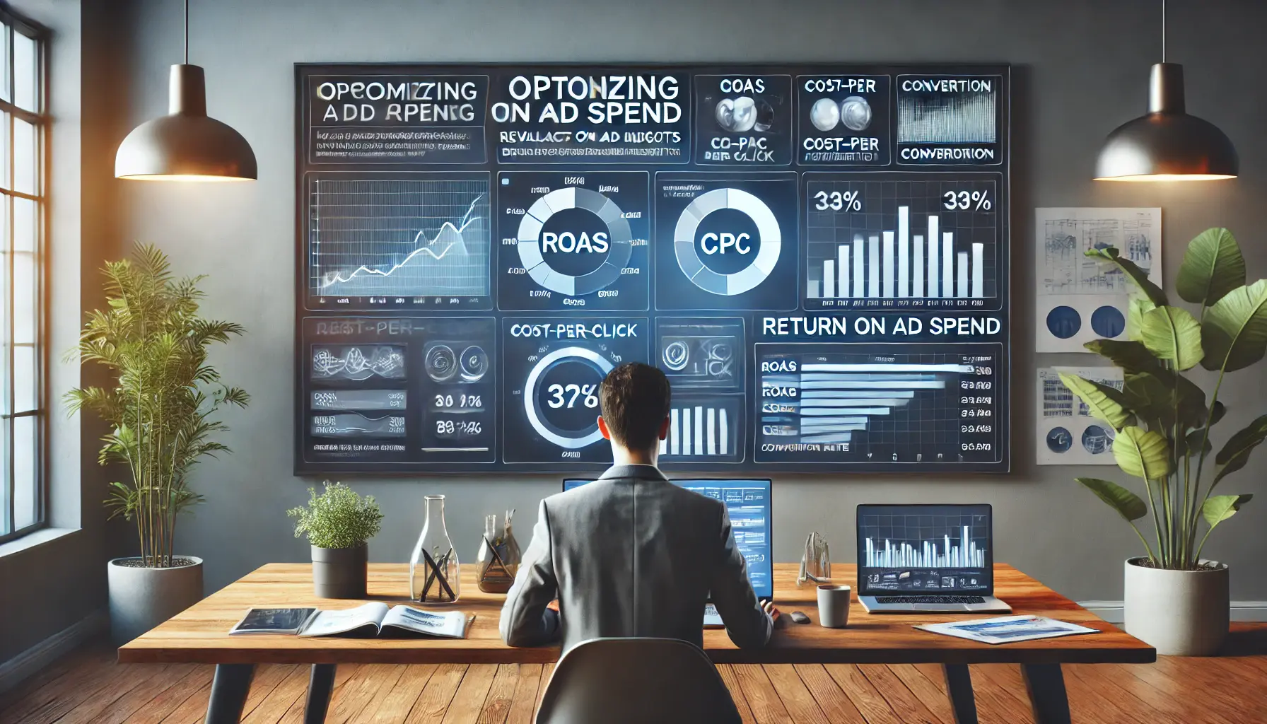 A digital marketing dashboard showing key performance metrics like ROAS, CPC, and conversion rate, with charts and graphs for optimizing ad spend.