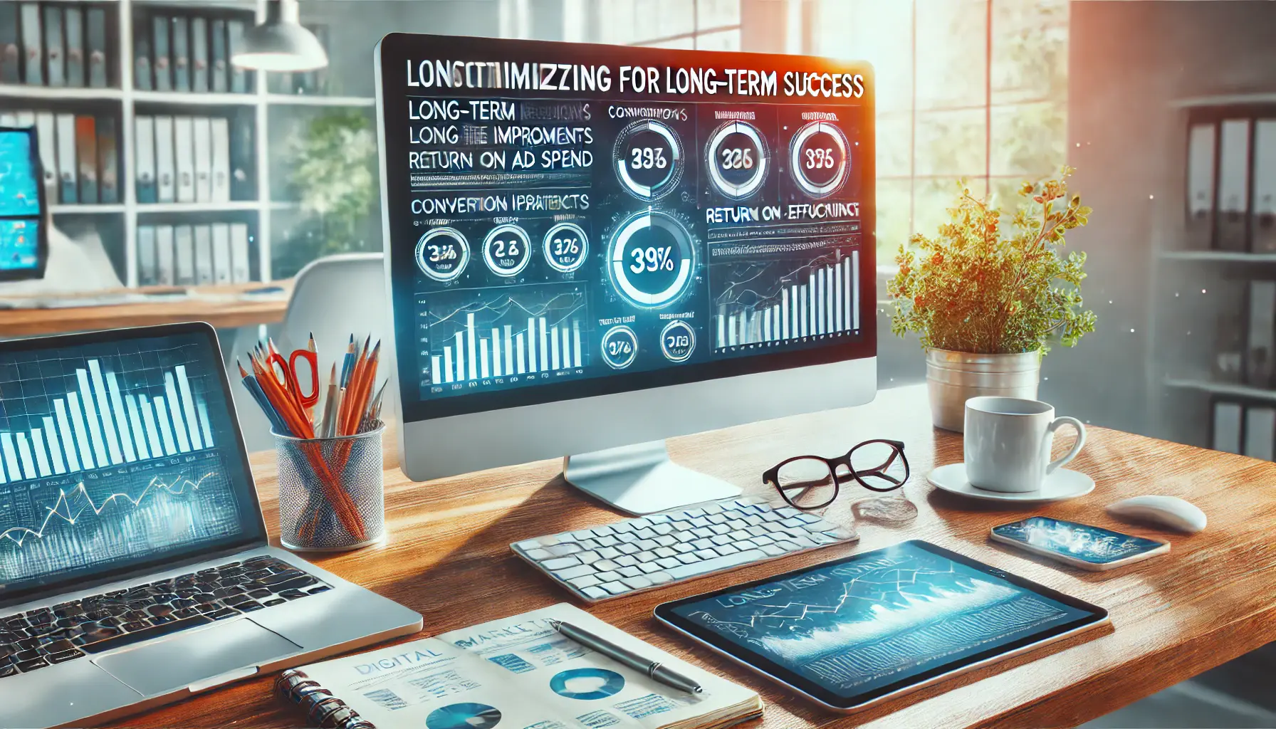 A digital marketing workspace showing a computer with a performance dashboard displaying metrics related to long-term success, such as conversion rates and return on ad spend.