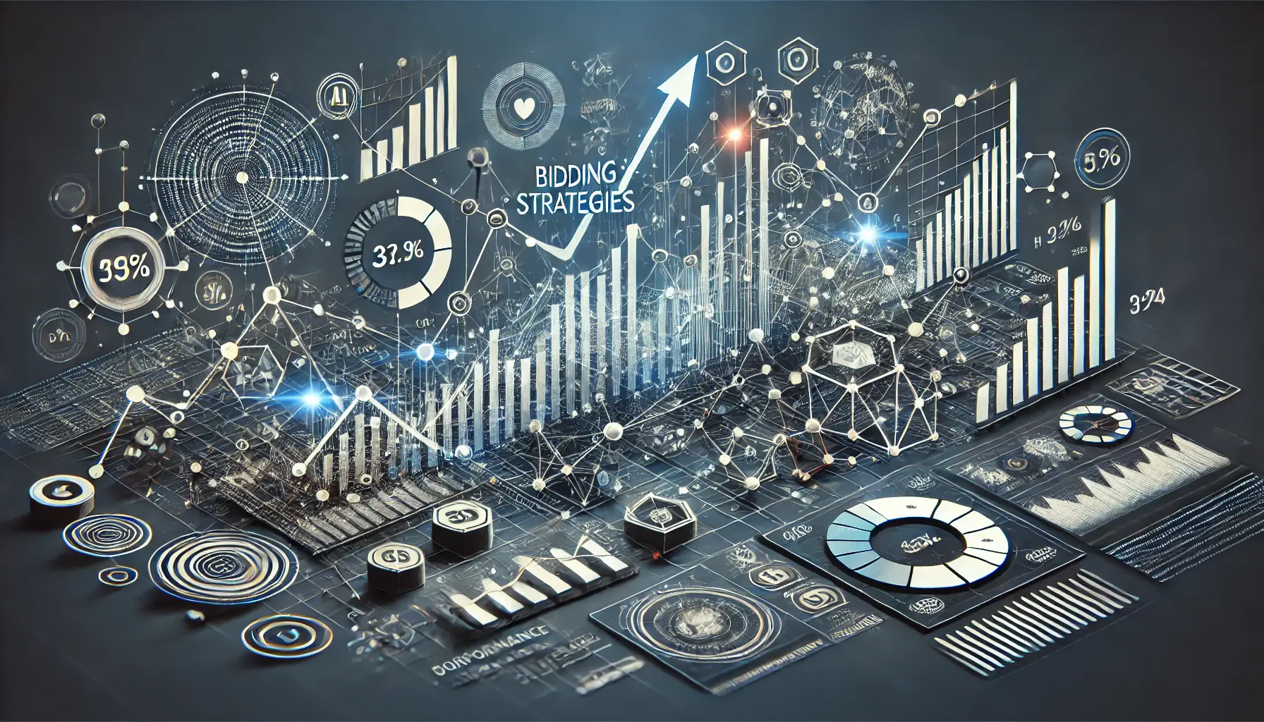 Abstract representation of optimizing bidding strategies with dynamic data flows, interconnected nodes, and upward trending graphs