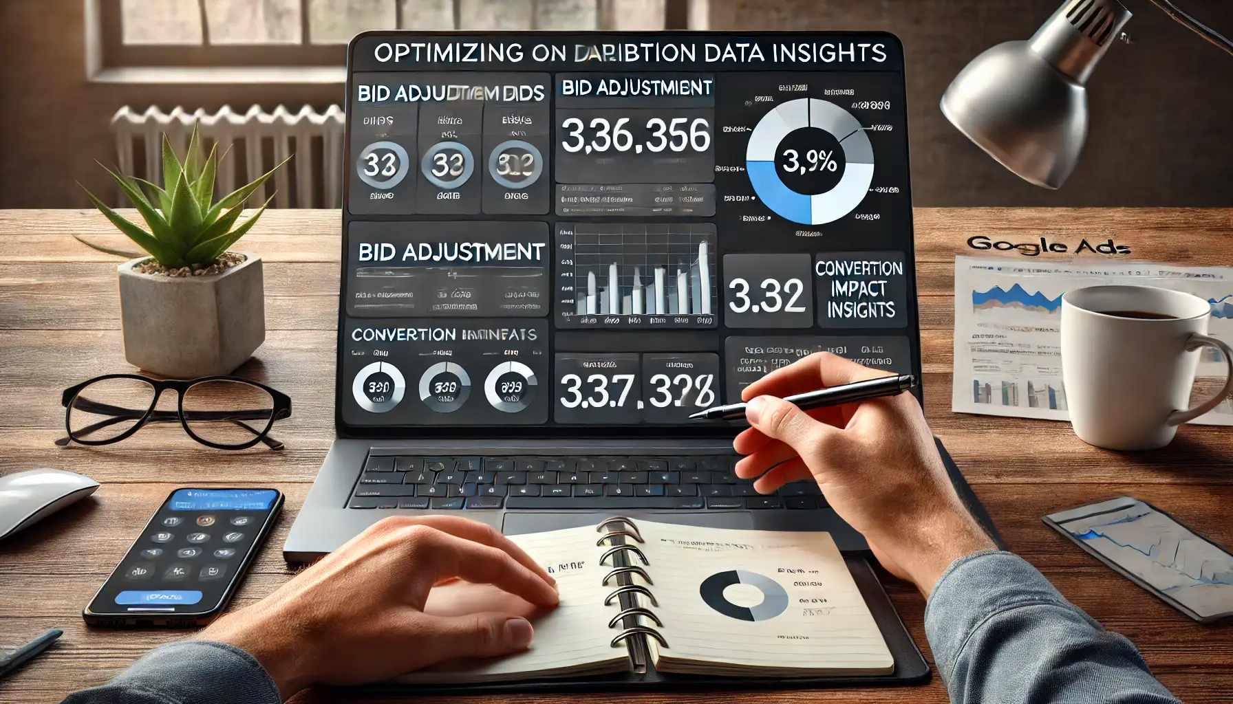 Digital marketer optimizing bids on a Google Ads dashboard using attribution data insights with bid adjustment metrics and performance indicators.