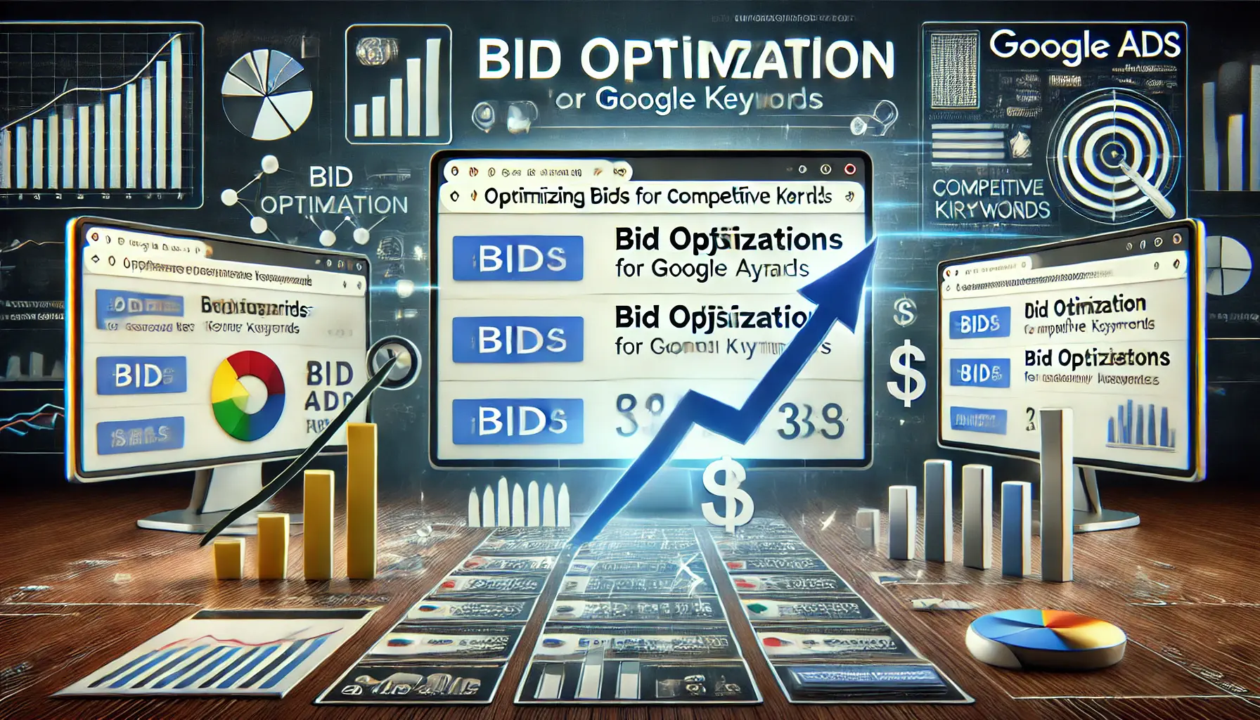 A realistic illustration focused on optimizing bids for competitive keywords in Google Ads, featuring a search engine results page (SERP) with ads positioned competitively and visual elements representing bid strategies.