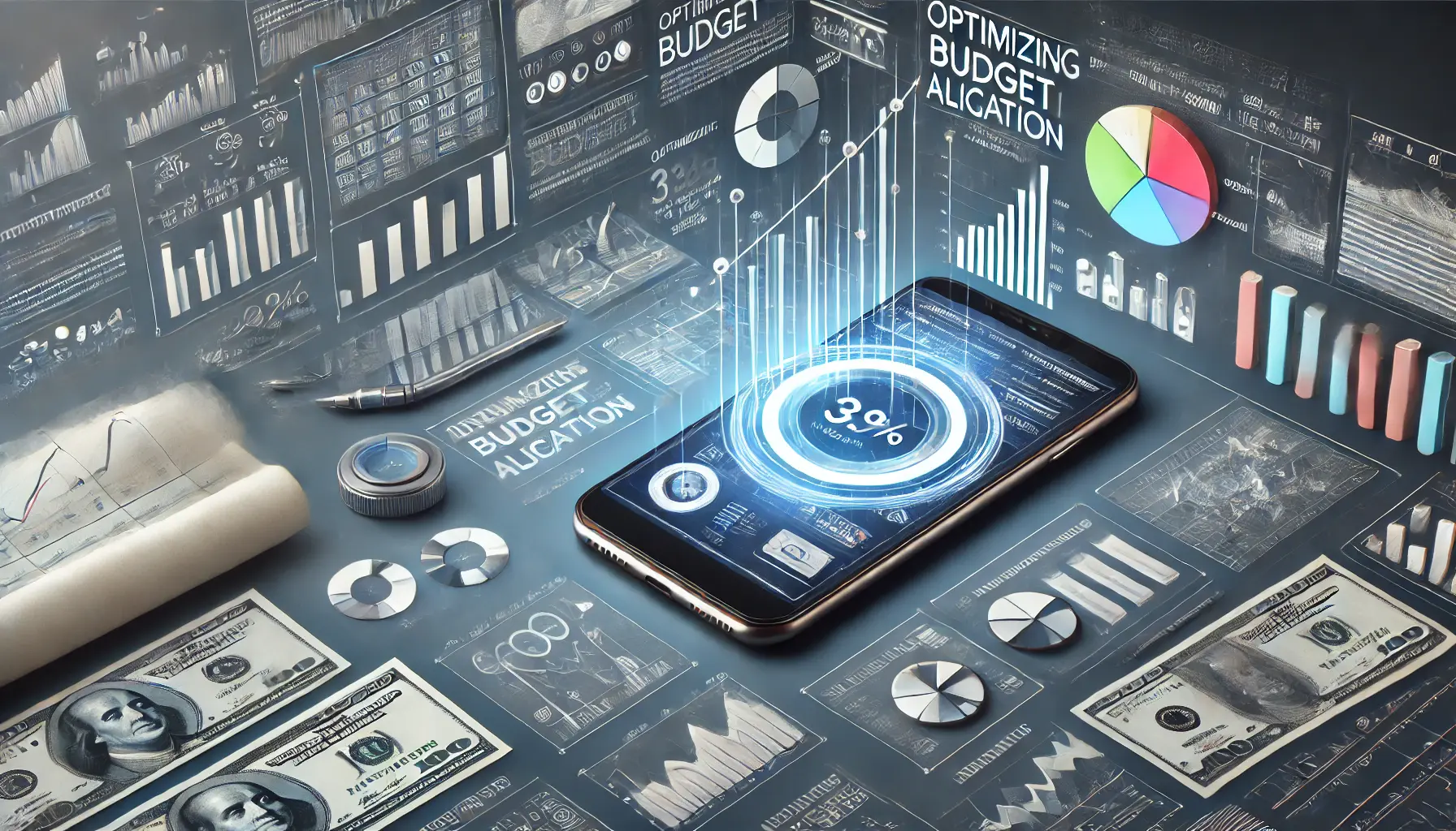 Smartphone displaying app ad with background of financial charts, graphs, and pie charts representing budget allocation