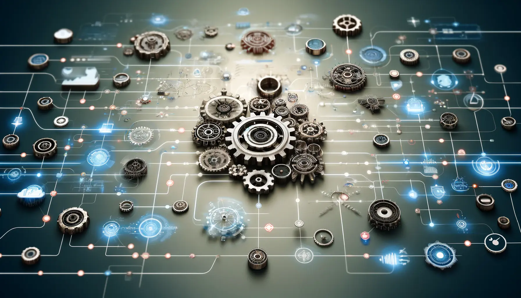 Abstract representation of optimizing campaign settings with interconnected gears and pathways symbolizing precision and real-time adjustments