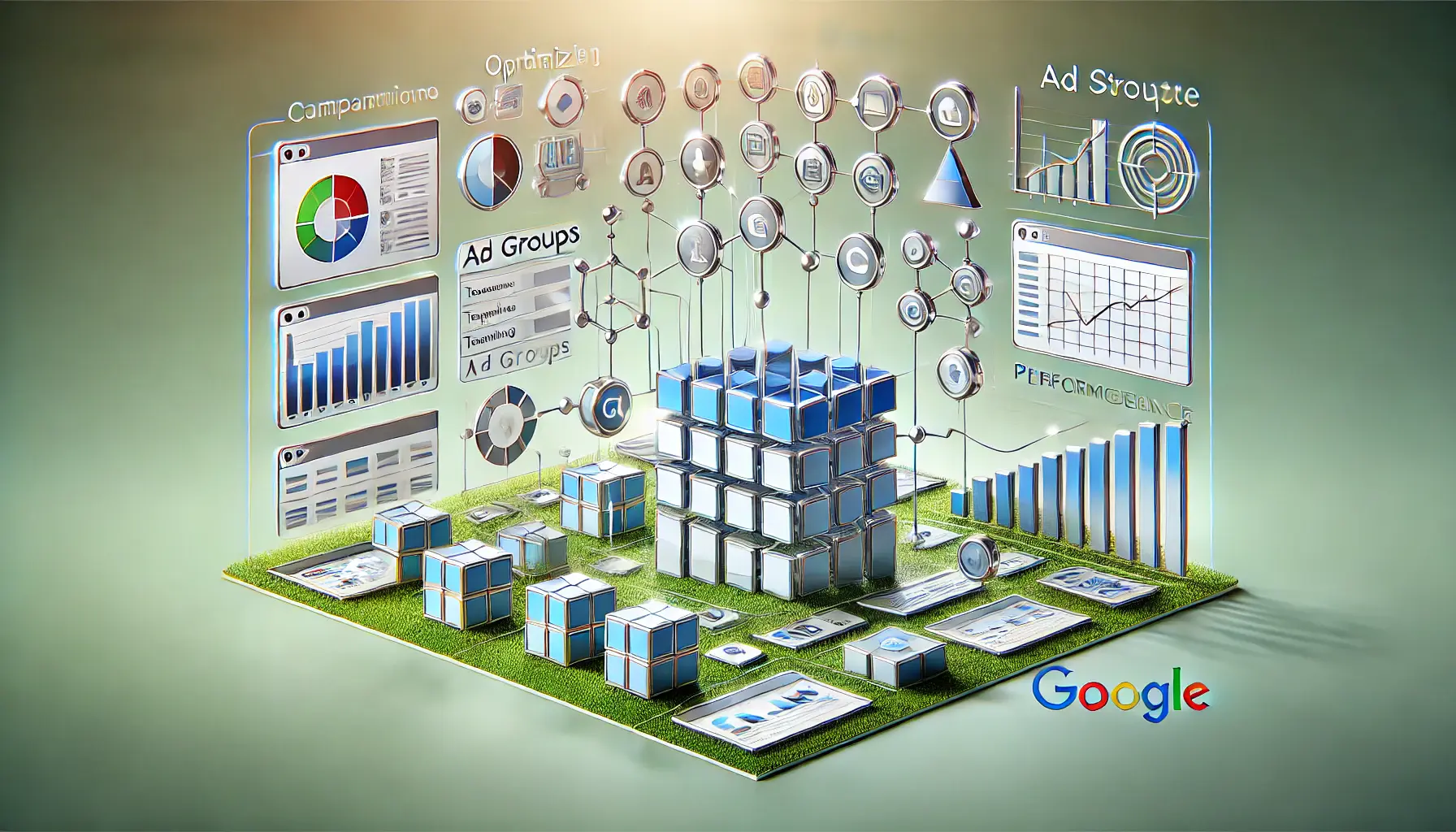 A visual representation of campaign optimization with interconnected elements like ad groups, targeting options, and performance metrics.