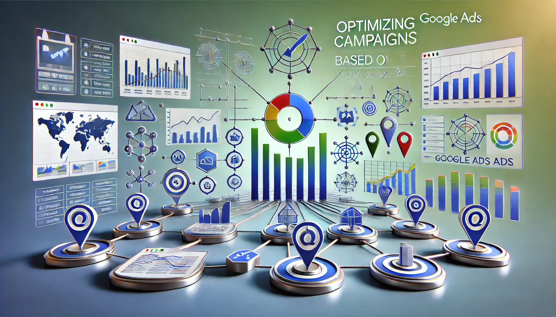 A visual representation of performance data metrics such as graphs, charts, and conversion icons connected to campaign elements like targeting and ad groups.