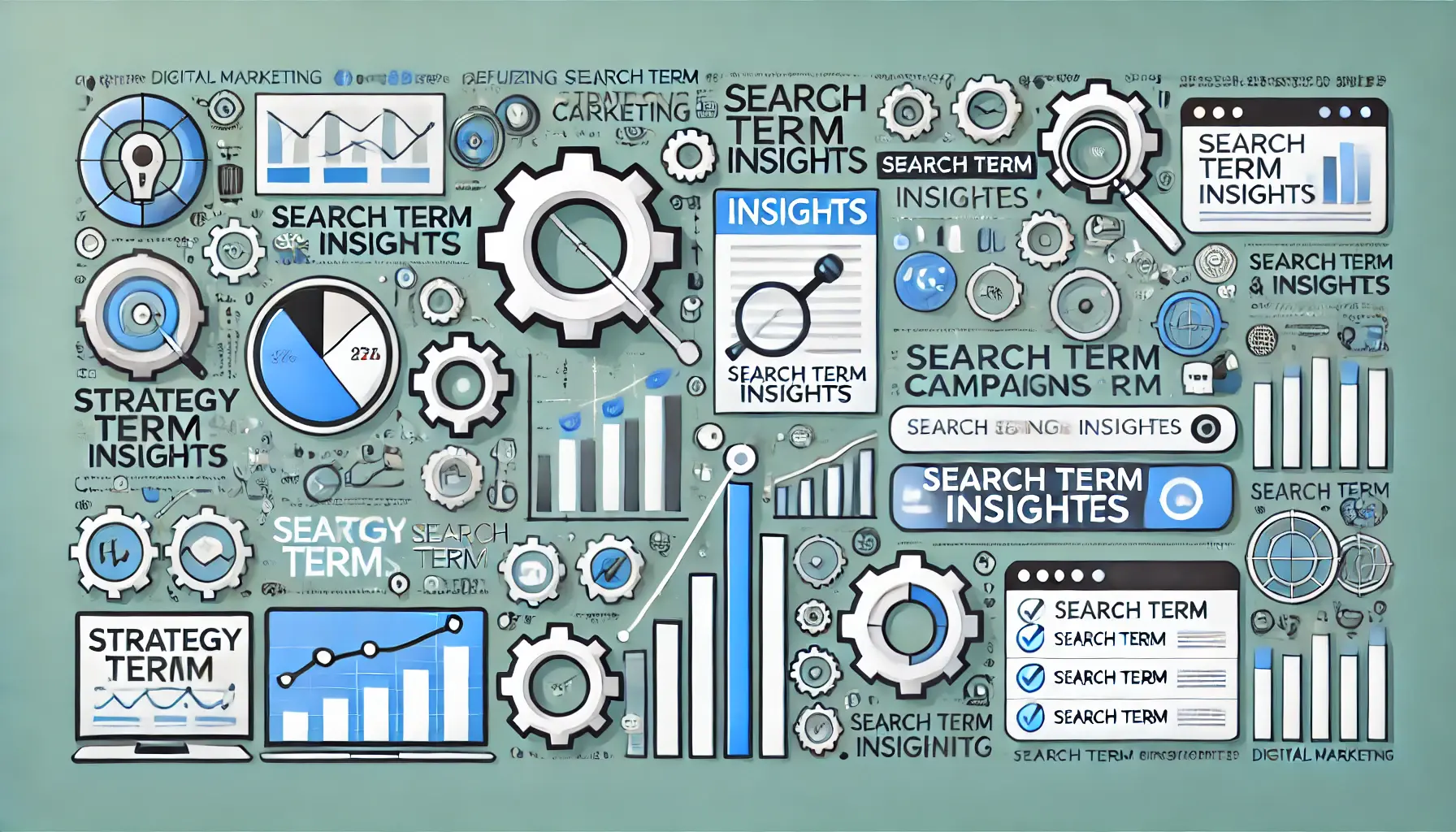 Visual representation of optimizing campaigns with search term insights featuring gears, graphs, and adjustment tools