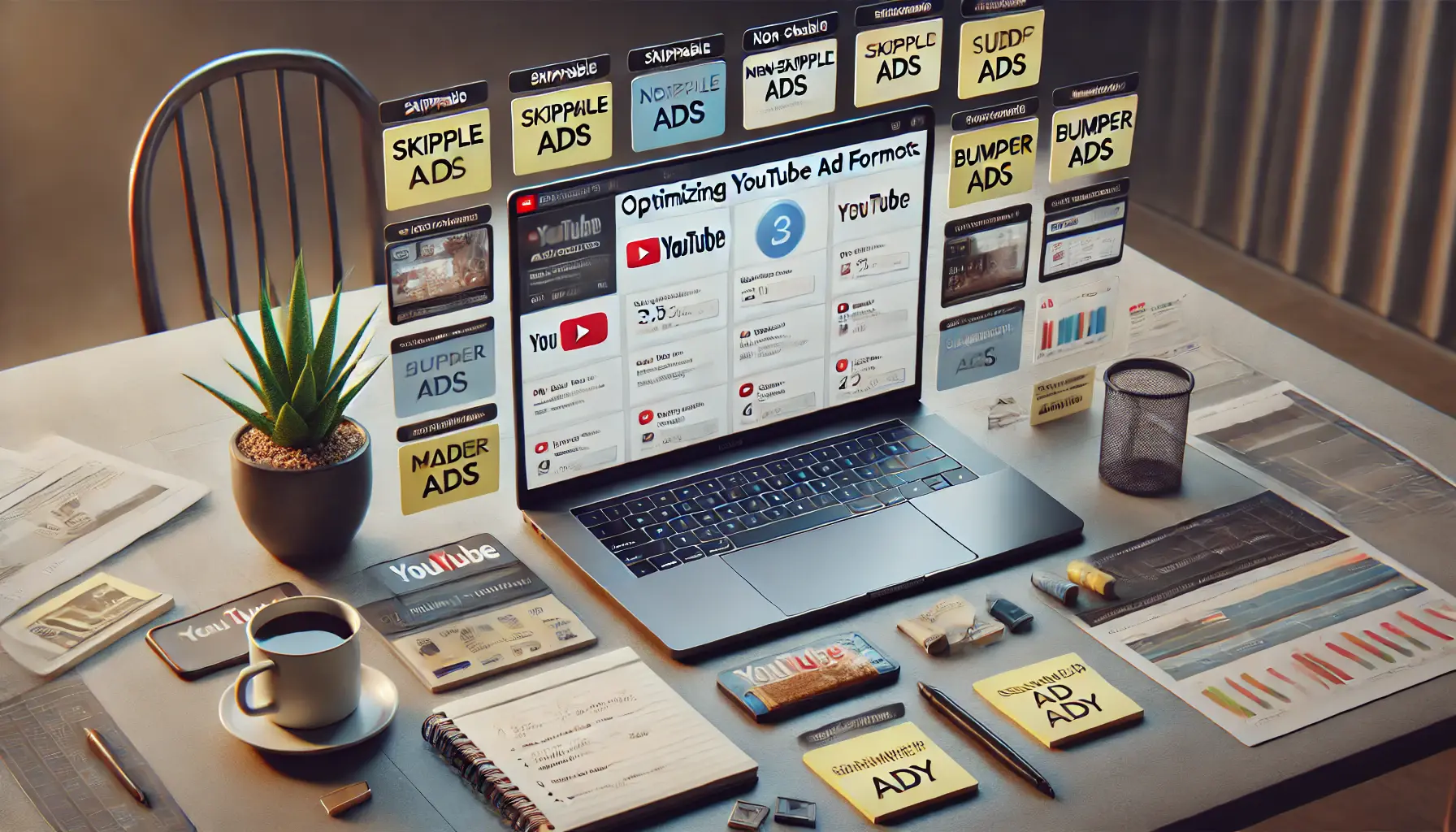 A workspace with a laptop displaying different YouTube ad format options and notes on tailored ad copy.