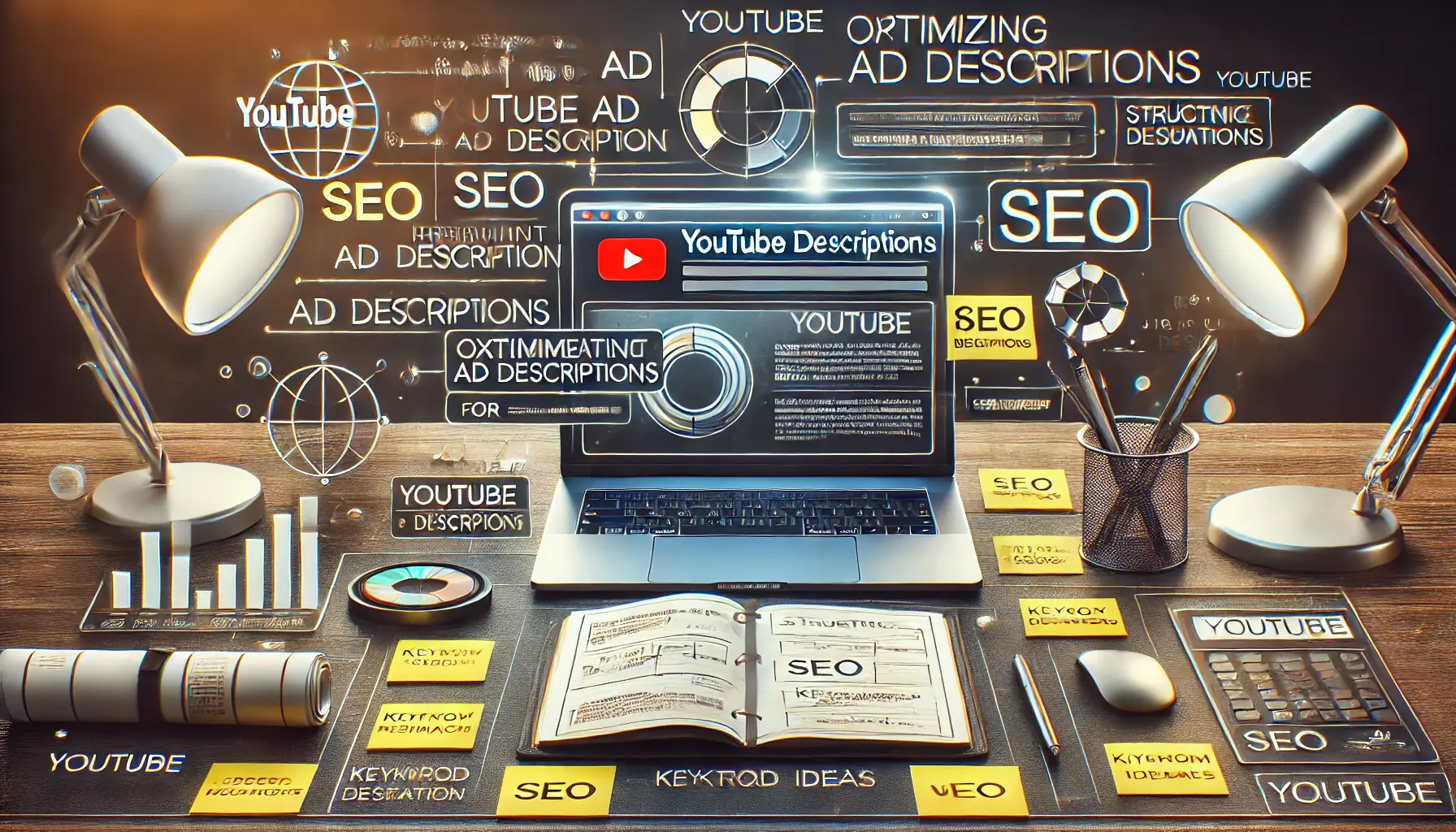 A workspace with a laptop displaying a YouTube ad description draft and keyword research tools, surrounded by SEO notes.