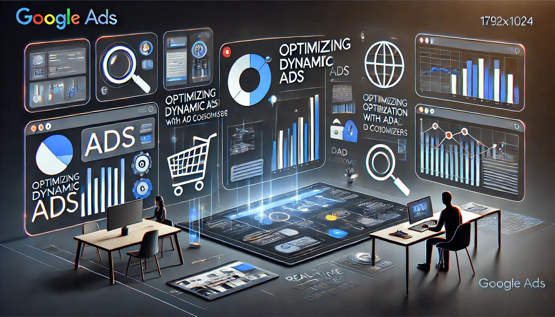 A digital workspace showing icons for real-time optimization, analytics, and dynamic elements adjusting based on user data, symbolizing ad customizer optimization.