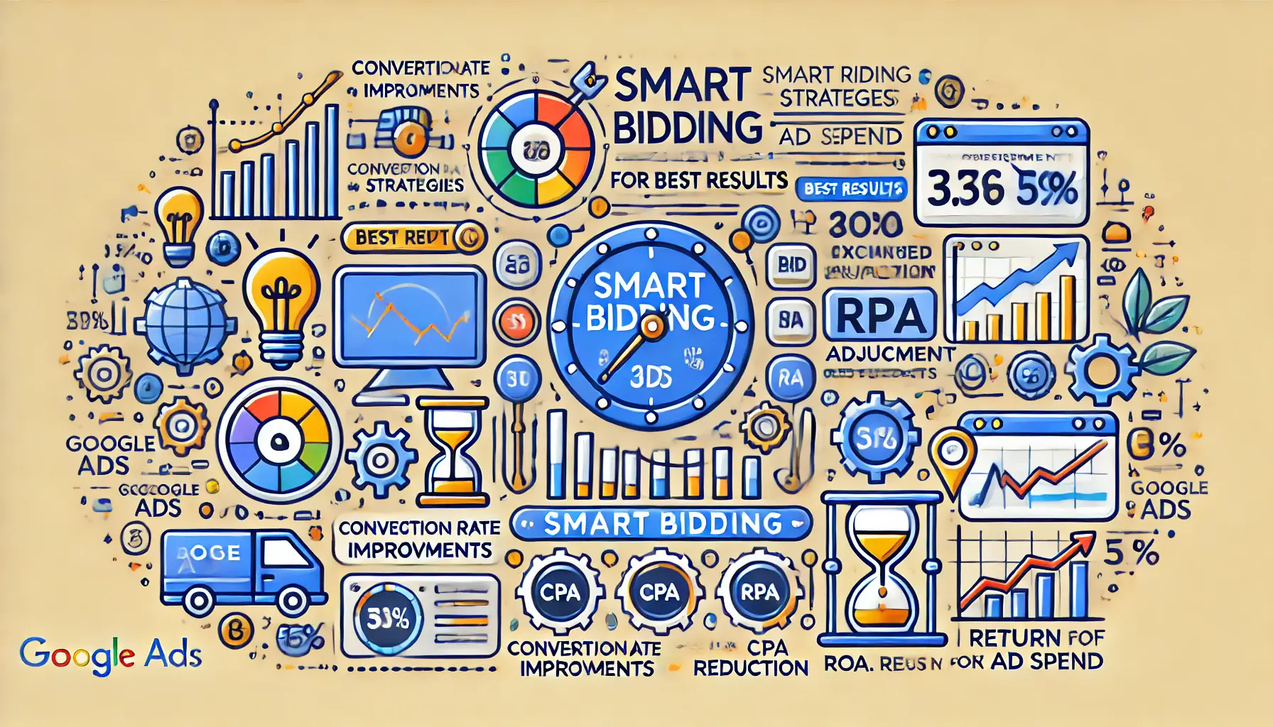 Illustration of optimizing Smart Bidding strategies in Google Ads, showing performance analytics, bid adjustments, and improved campaign results.