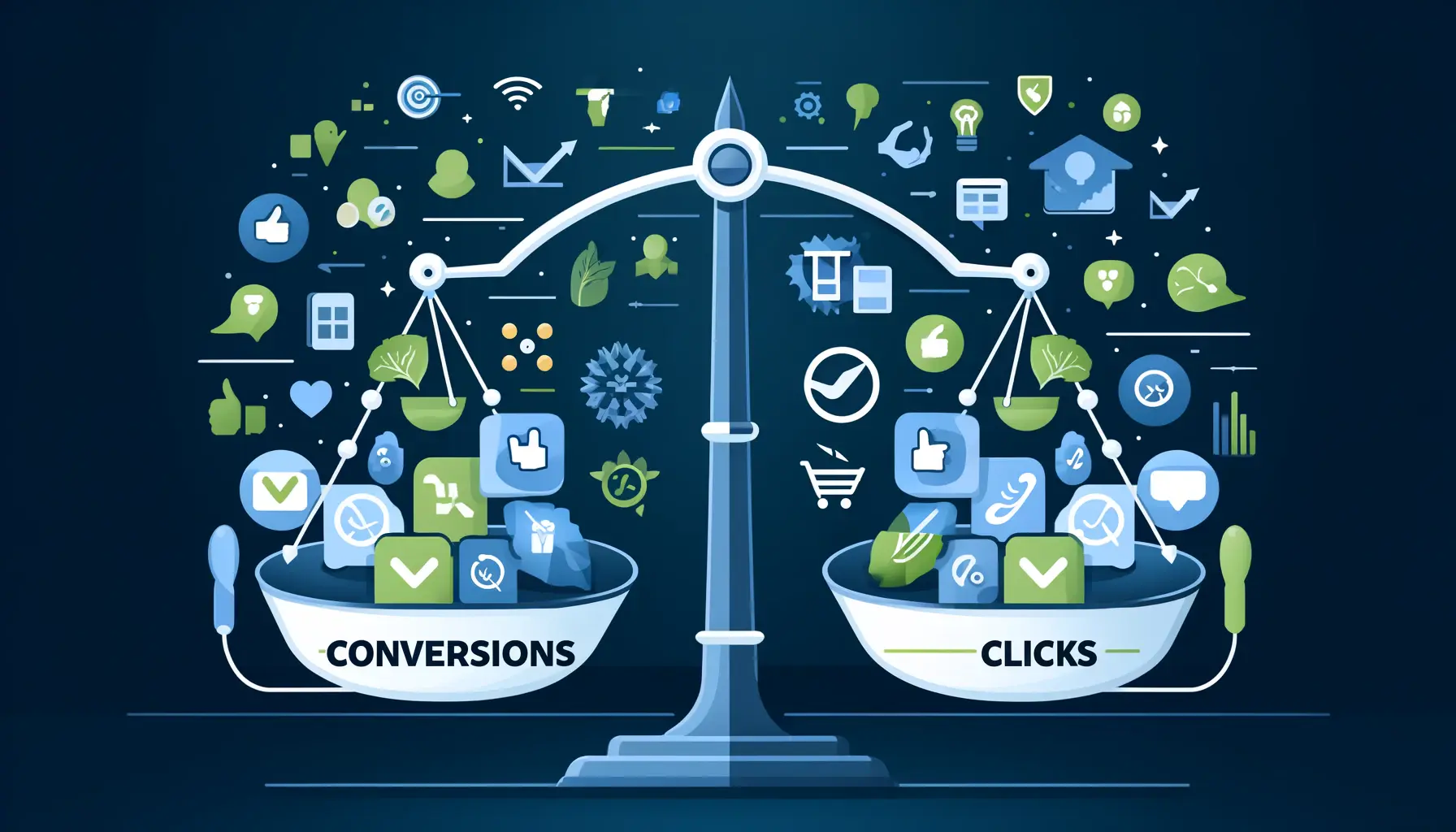 Illustration comparing optimizing for conversions and clicks in digital marketing.