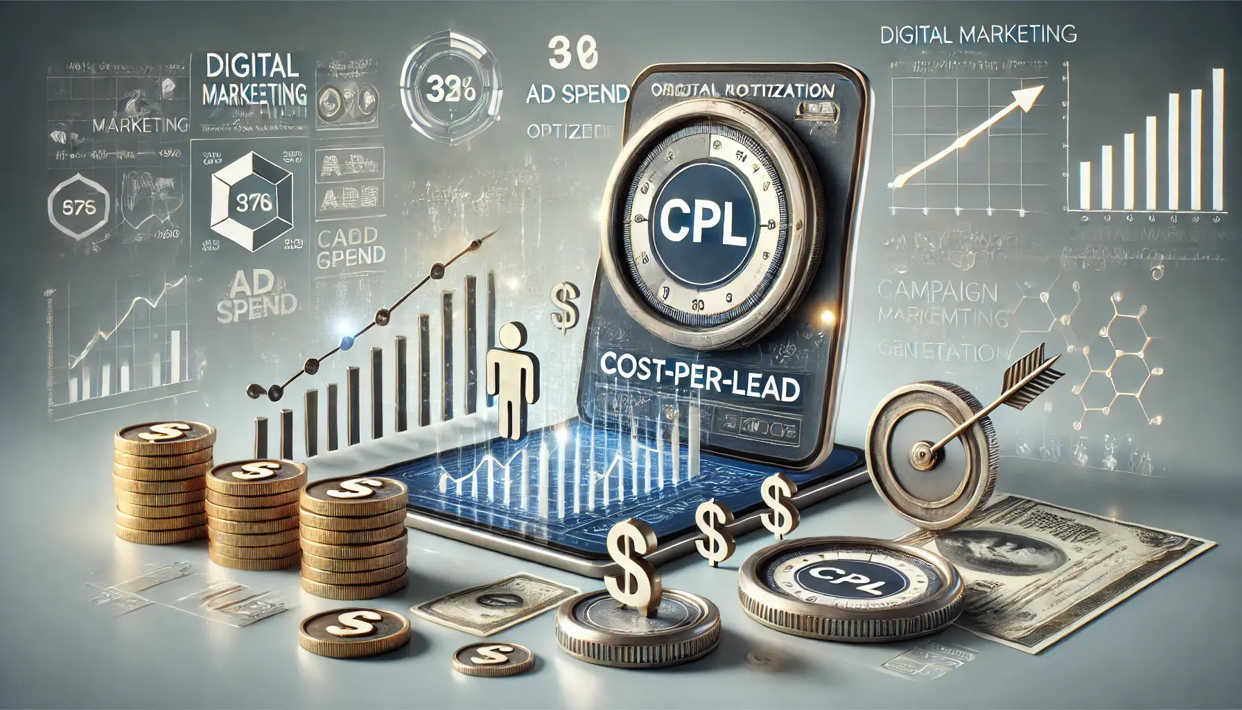 A digital marketing scene showing financial elements and performance metrics, representing the optimization of cost-per-lead in lead generation campaigns.