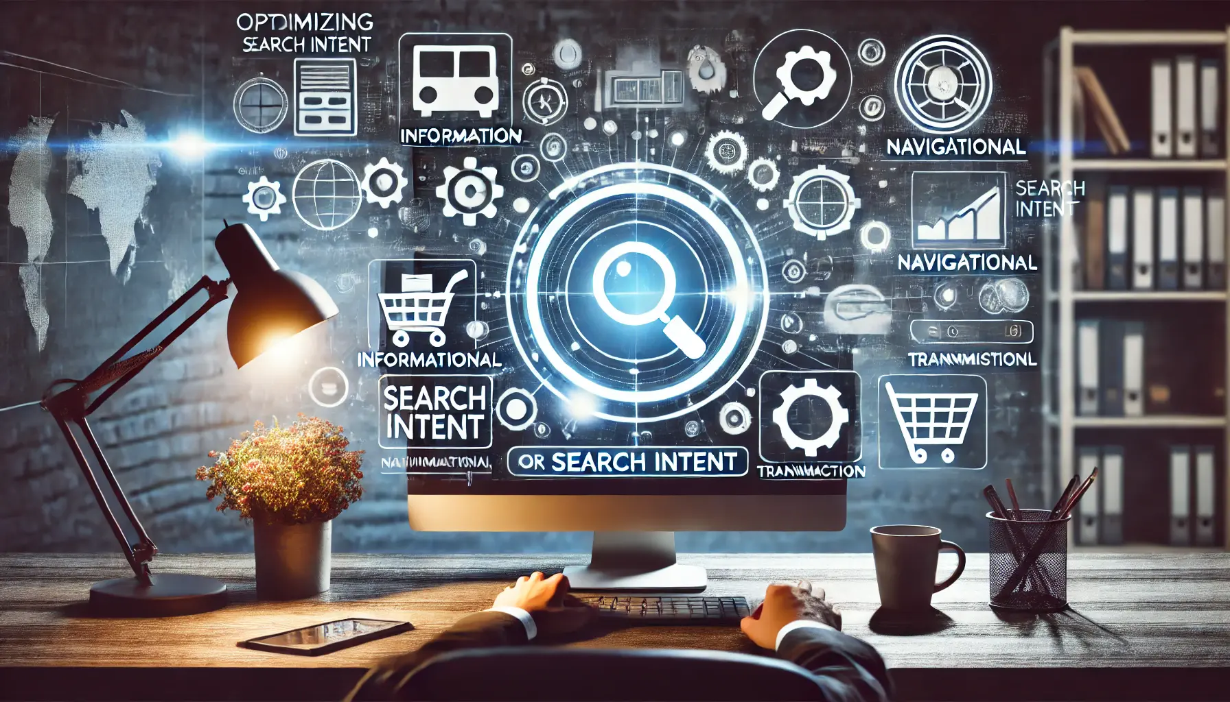 A visual representation of optimizing for search intent, showing a person analyzing search queries on a computer.