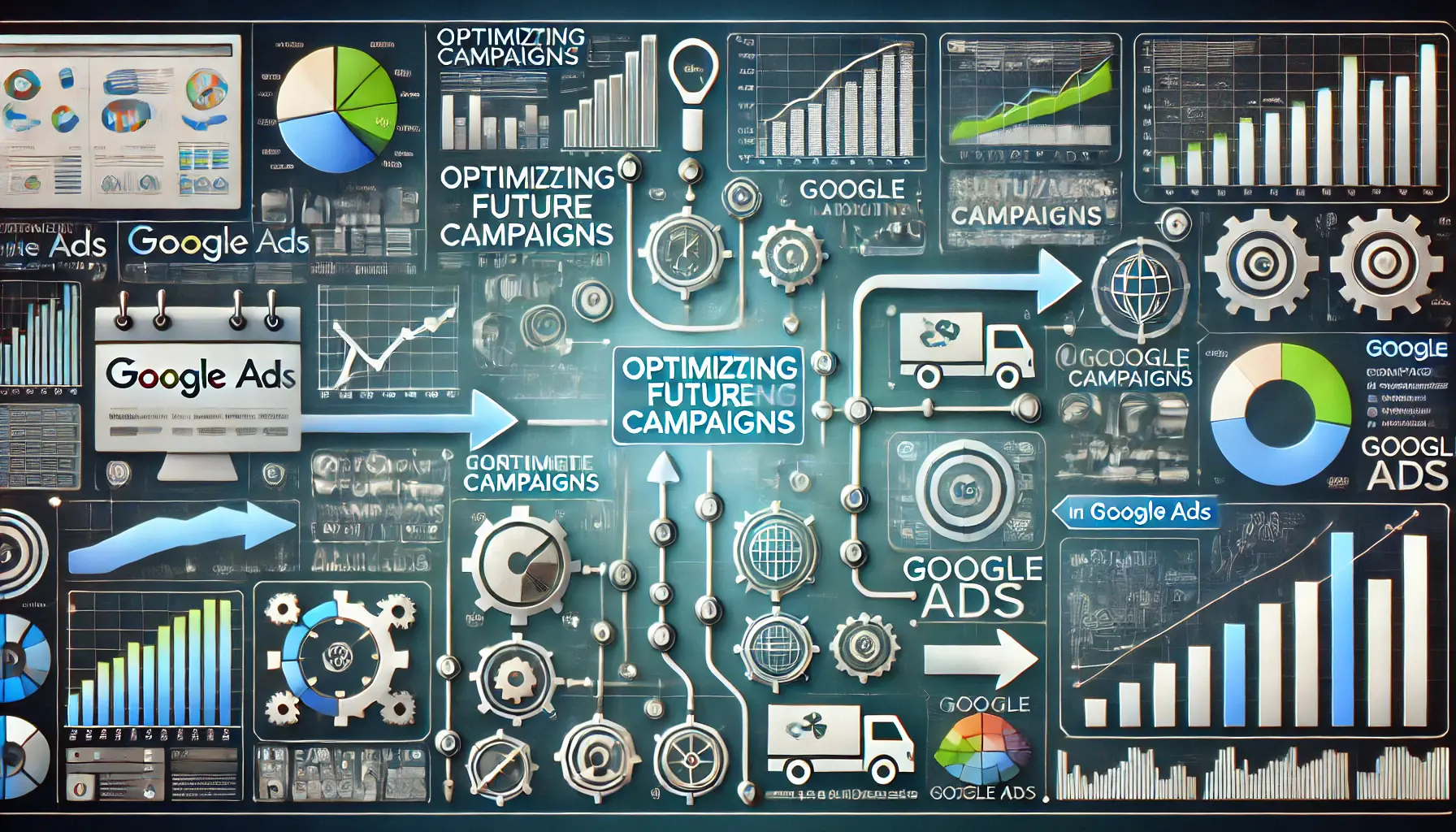 A visual representation of optimizing campaigns with charts, graphs, and forward-pointing arrows, symbolizing continuous improvement based on insights.