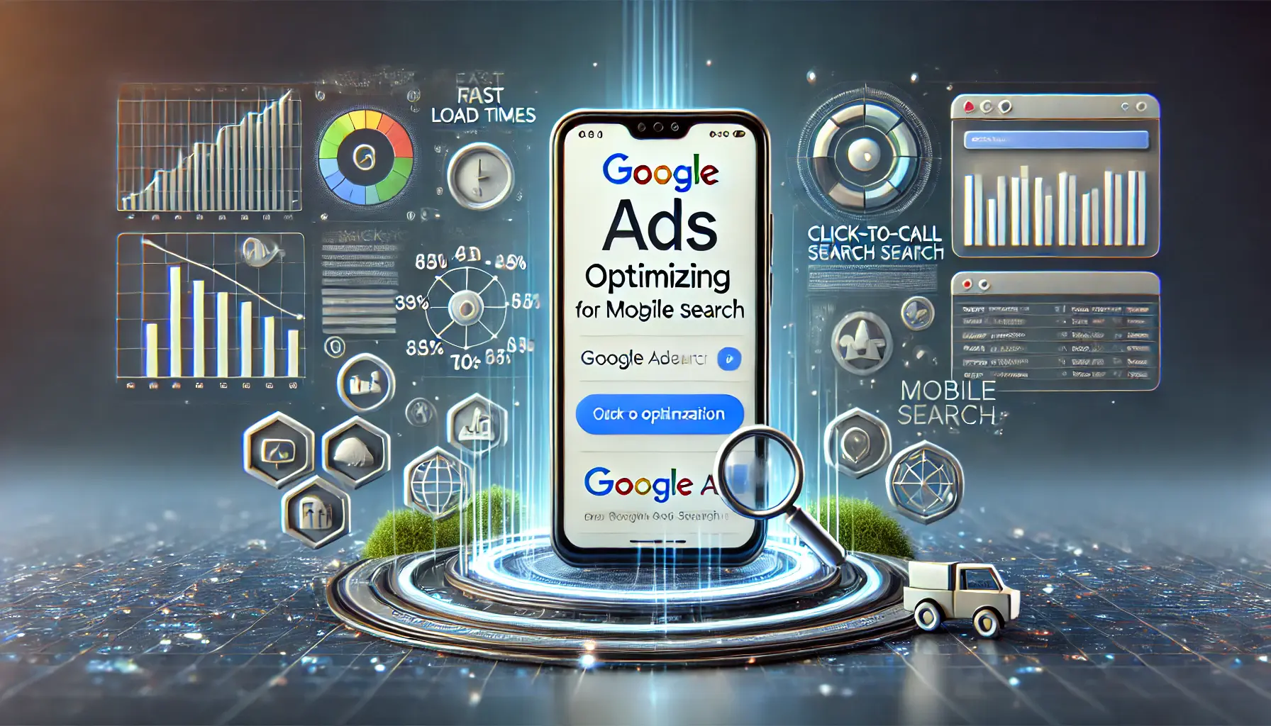 A smartphone displaying mobile-optimized ads and search results with fast load times and click-to-call buttons, representing Google Ads optimization for mobile search