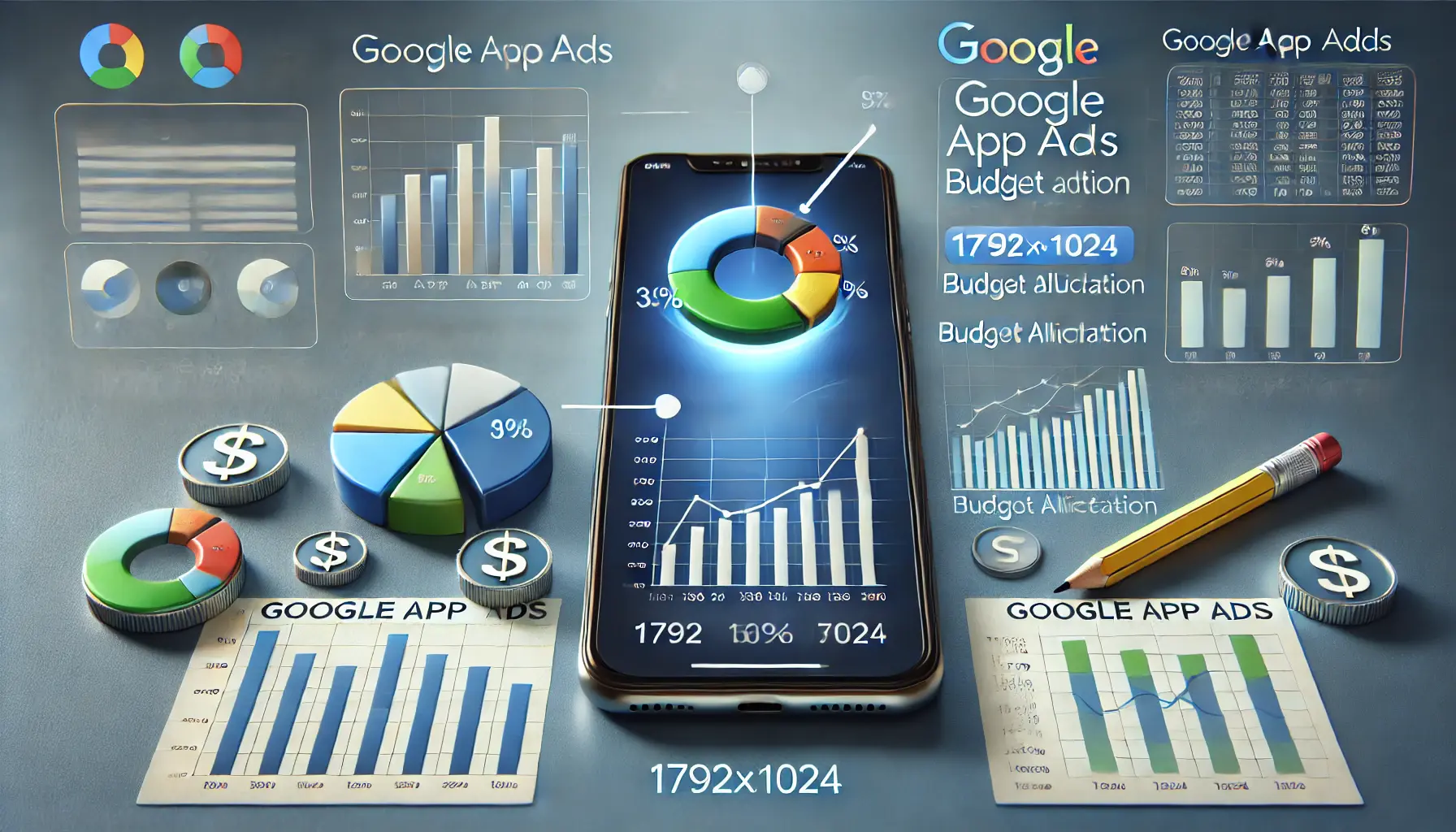 Smartphone displaying app ad with pie charts and bar graphs representing budget allocation