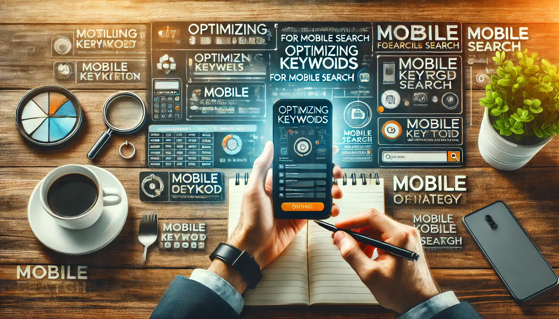 A digital marketing professional analyzing keyword data on a smartphone.